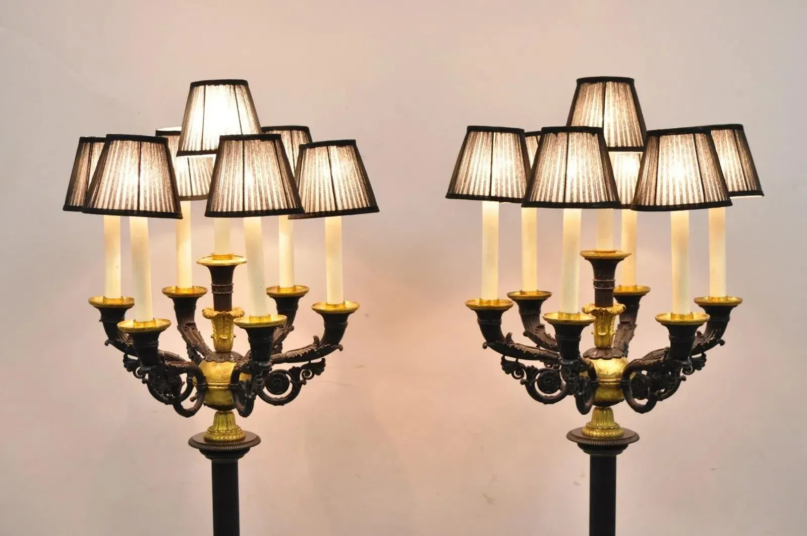 Antique French Empire Bronze & Marble Lighted Candelabra Torchere Floor Lamps - a Pair