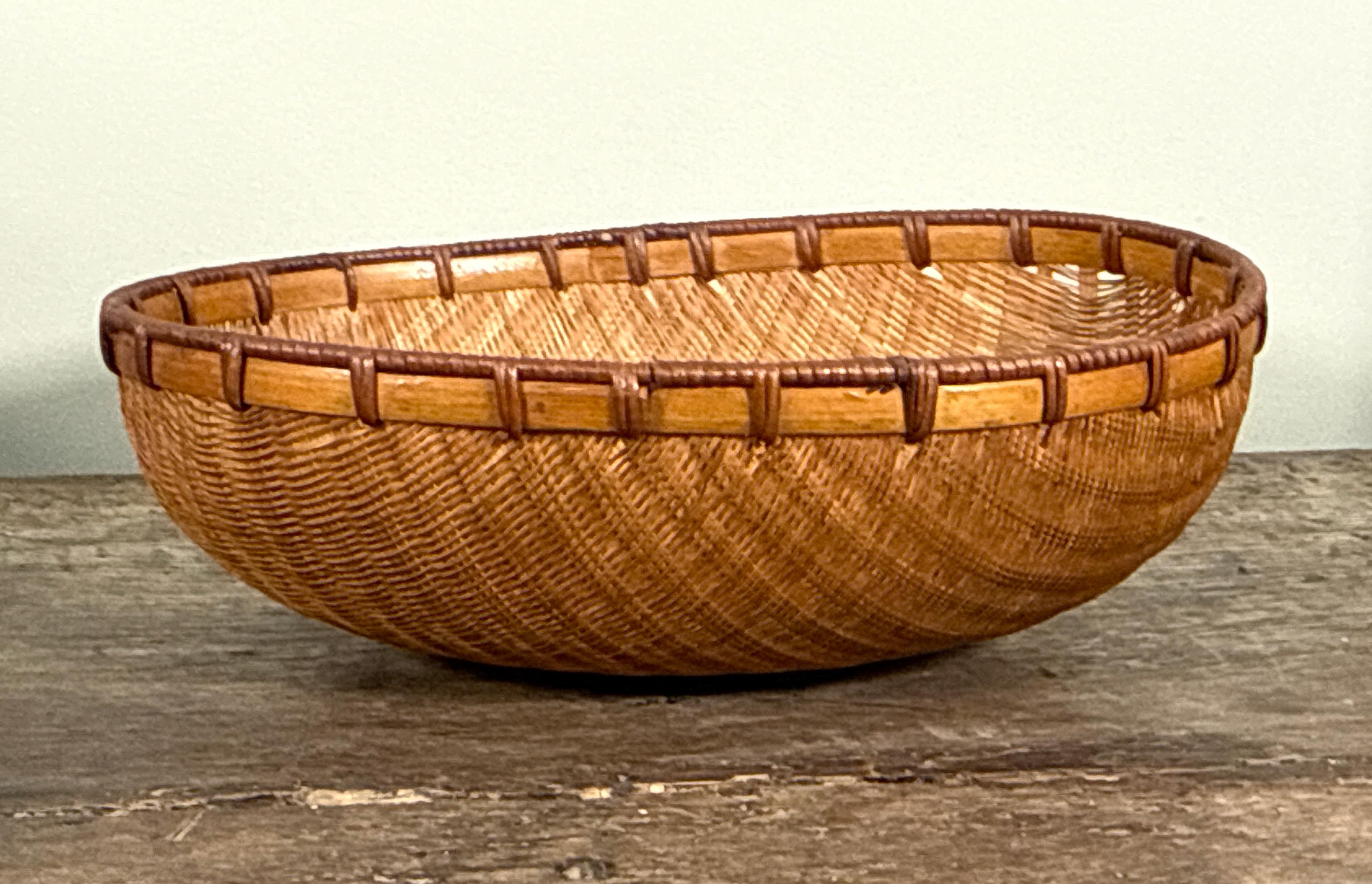 Vintage Japanese Woven Bamboo Winnowing Basket With Rattan Rim