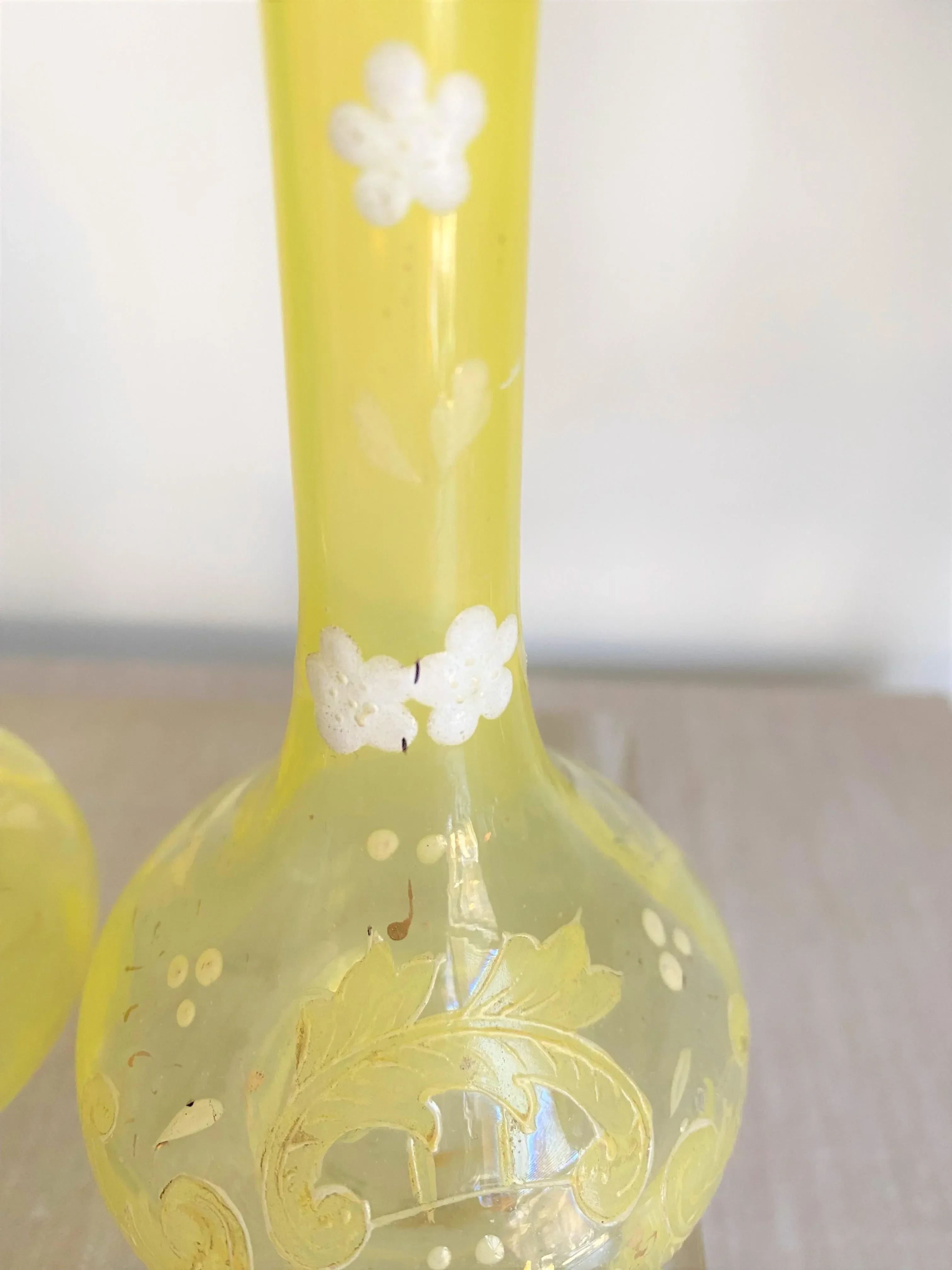 Antique Petite Hand Blown Opaline Yellow Glass Bud Vases - a Pair