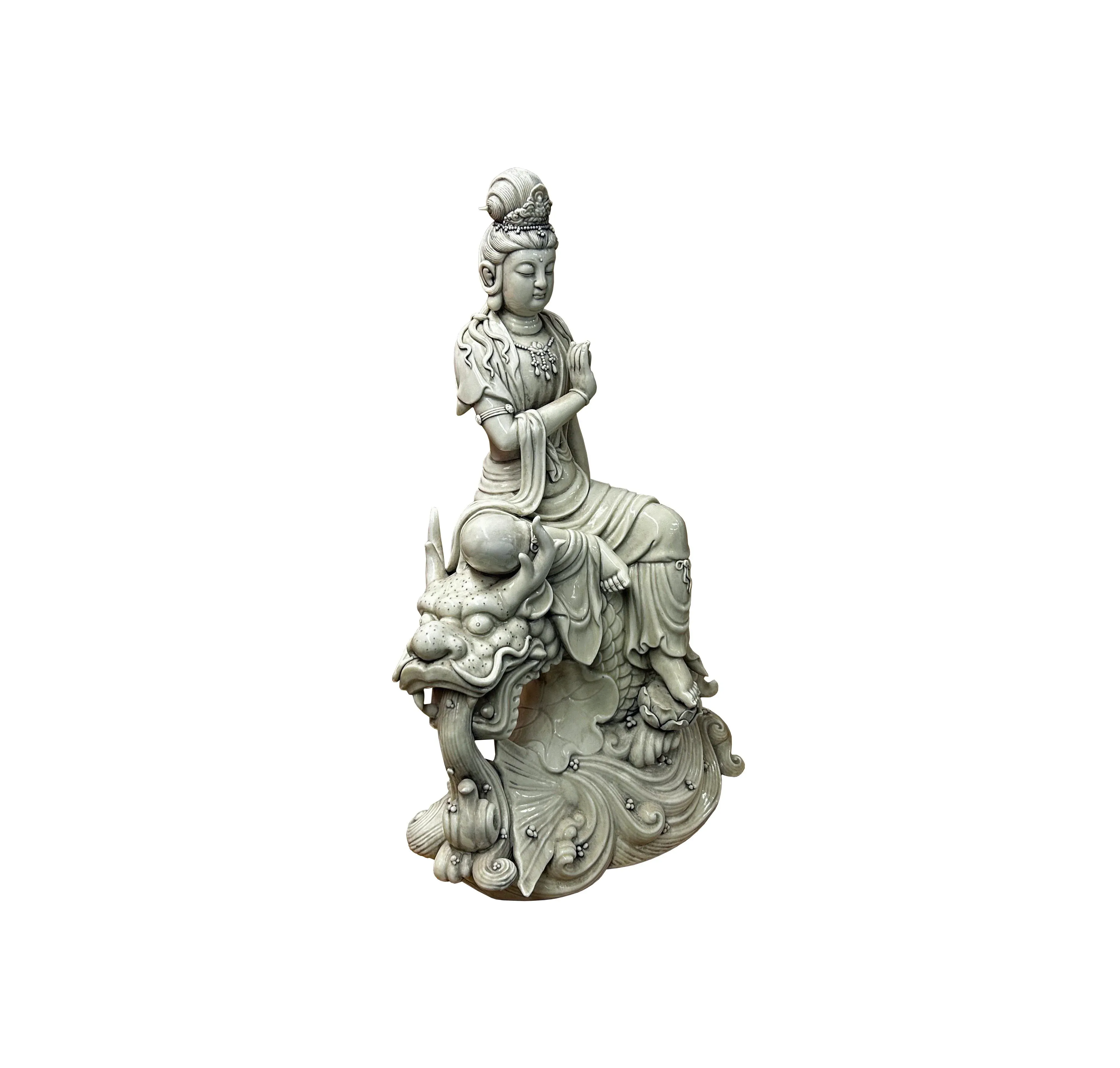 Chinese Handcrafted GuanYin Bodhisattva on Dragon White Porcelain Statue