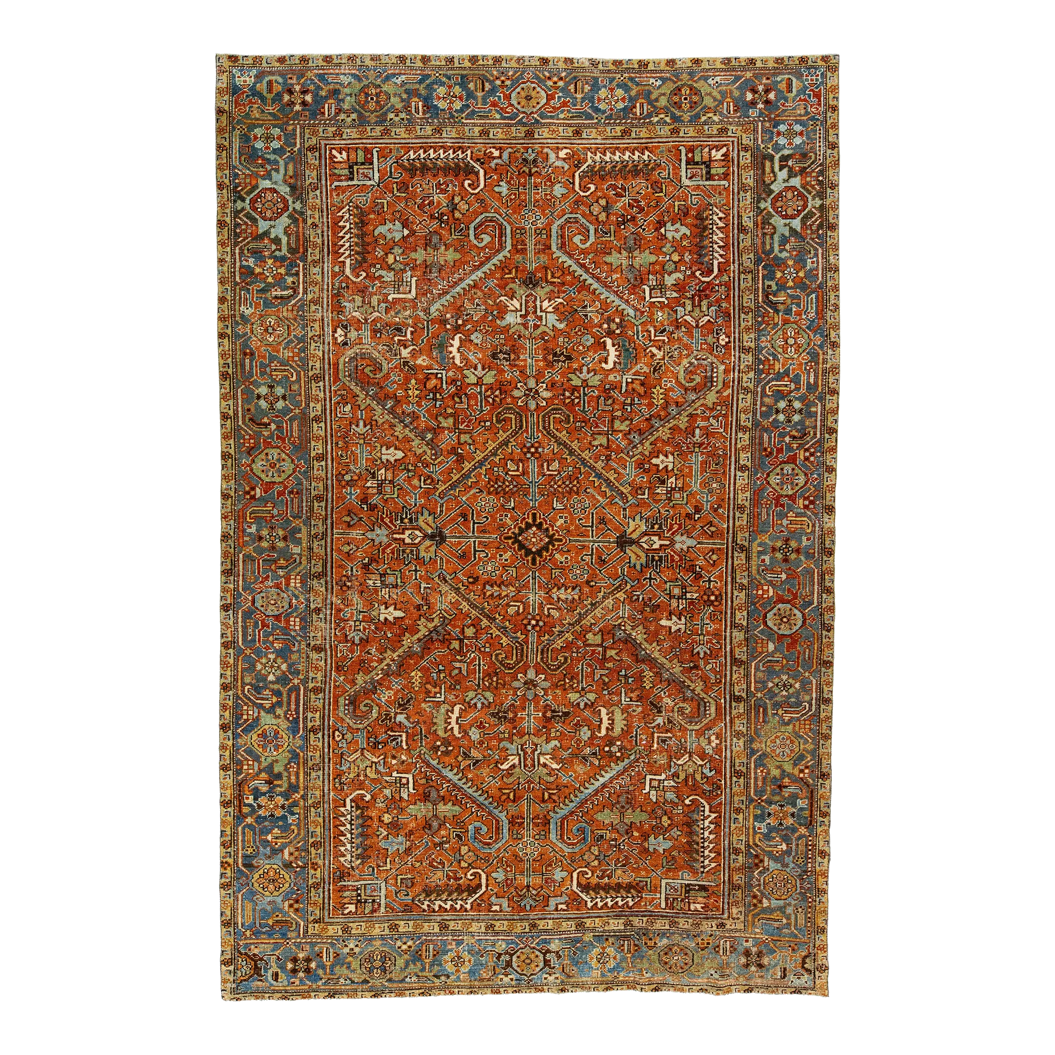1910s Orange-Rust Antique Persian Heriz Wool Rug Handmade With Allover Pattern