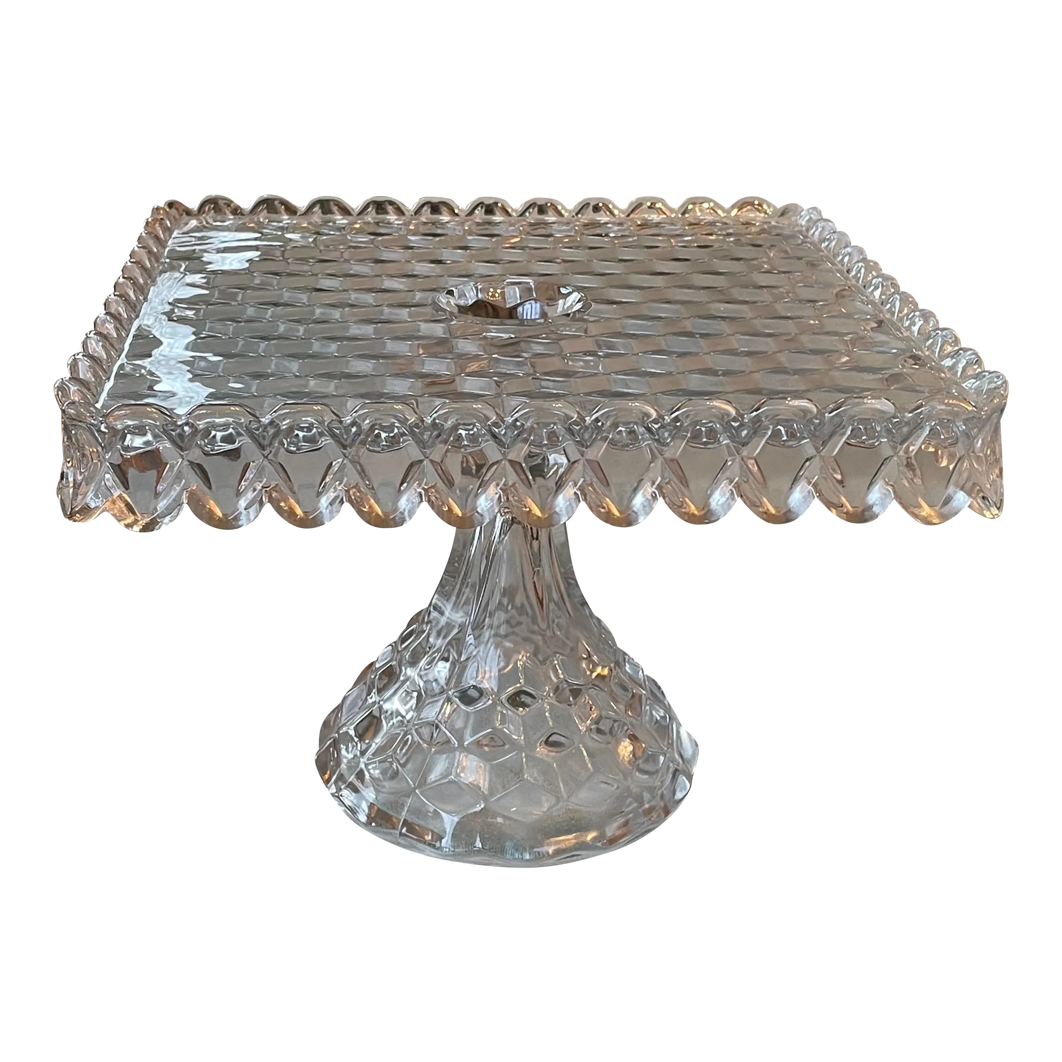 Vintage Fostoria American Square Cubist Pedestal Cake Stand With Rum Well