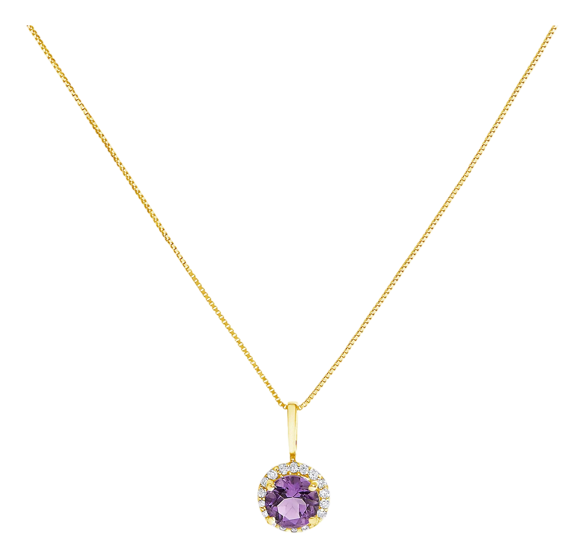 10K Yellow Gold Purple Amethyst and 1/10 Cttw Diamond Accent Halo Pendant Necklace