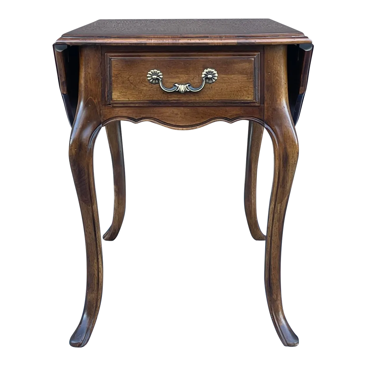 1980s Ethan Allen Country French Birch Drop Leaf Side Table With Drawer