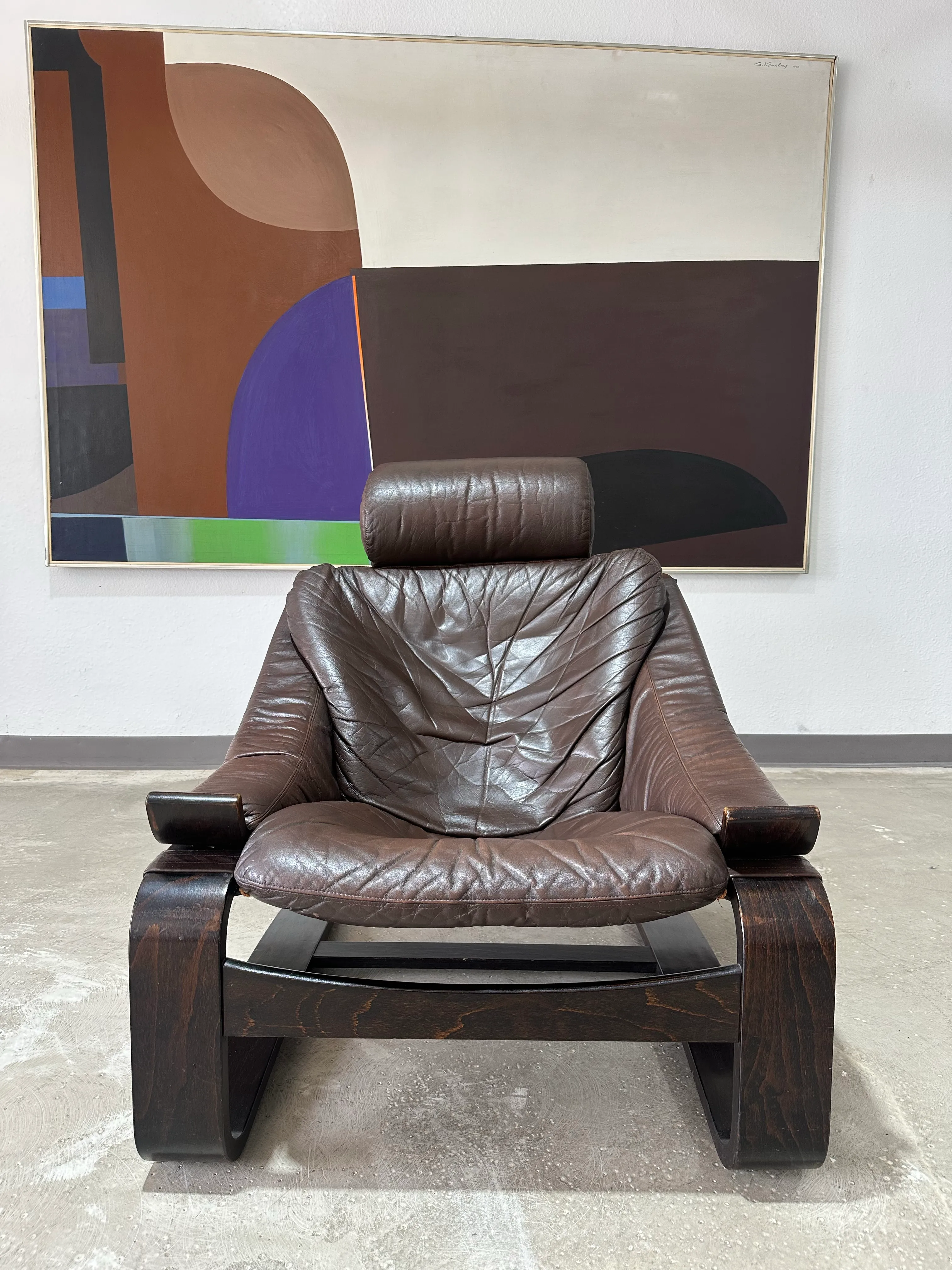 1970s Mid Century Kroken Cantilevered Wood and Leather Lounge