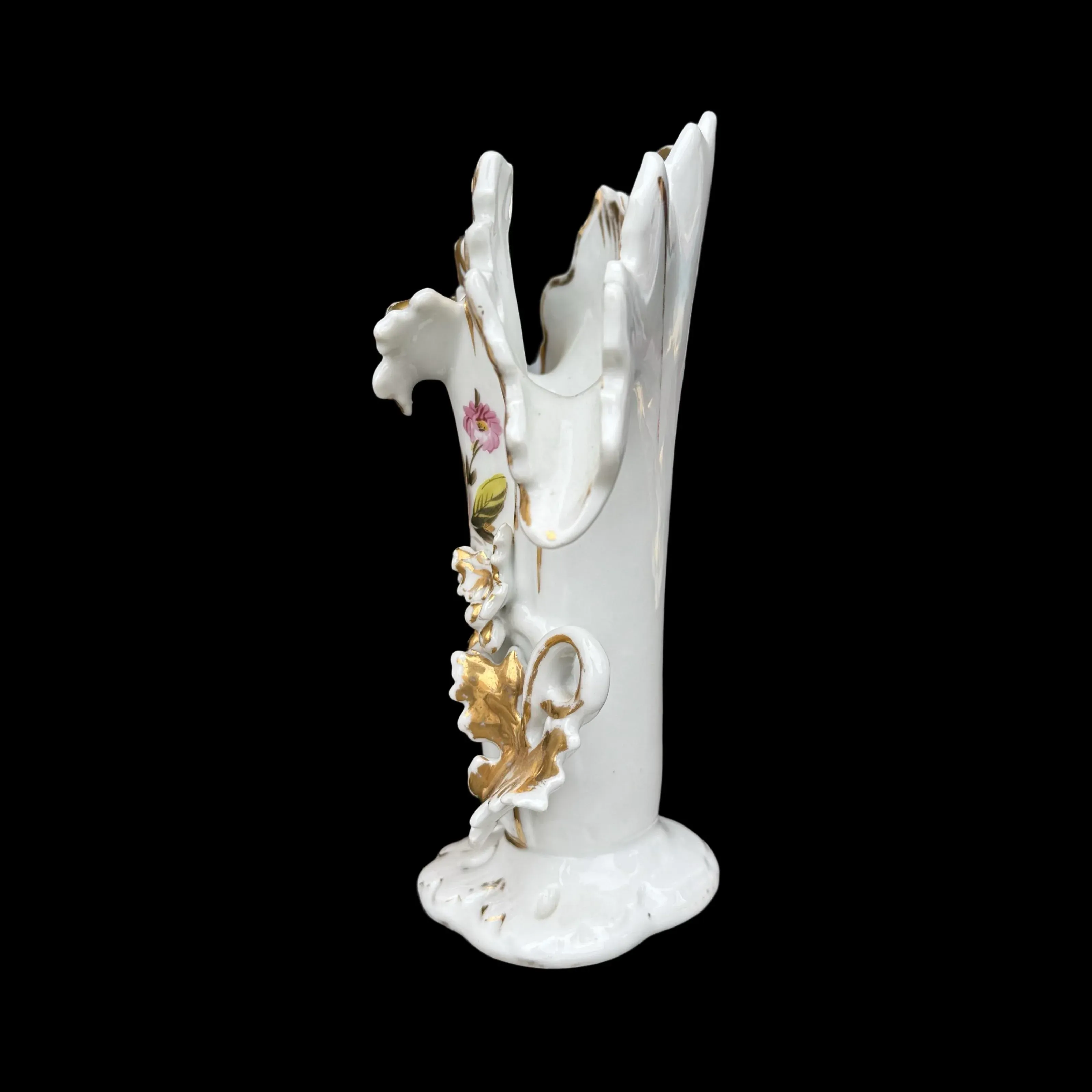 Antique French Paris Porcelain Ruffled Spill Vase With Hand-Painted Florals & Gold