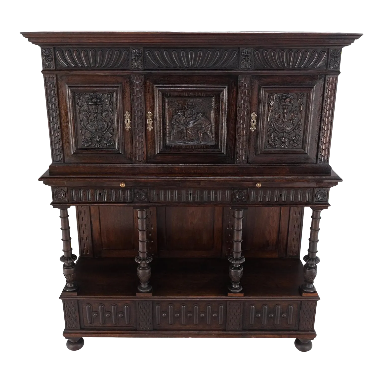 Carved Oak Jacobean Style Doors Drawers Server Credenza Cabinet