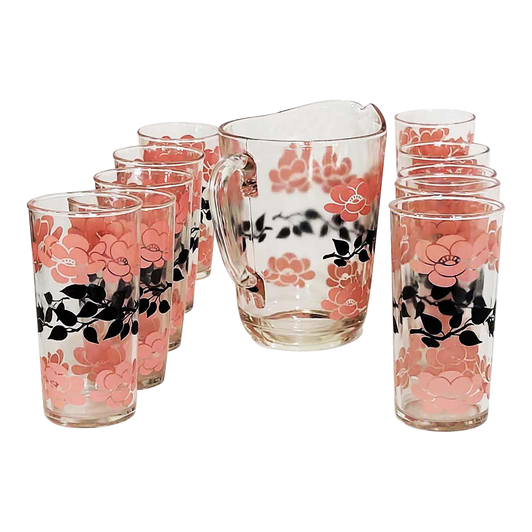 Retro Hazel Atlas Pink and Black Pitcher & Glassware Set - Set of