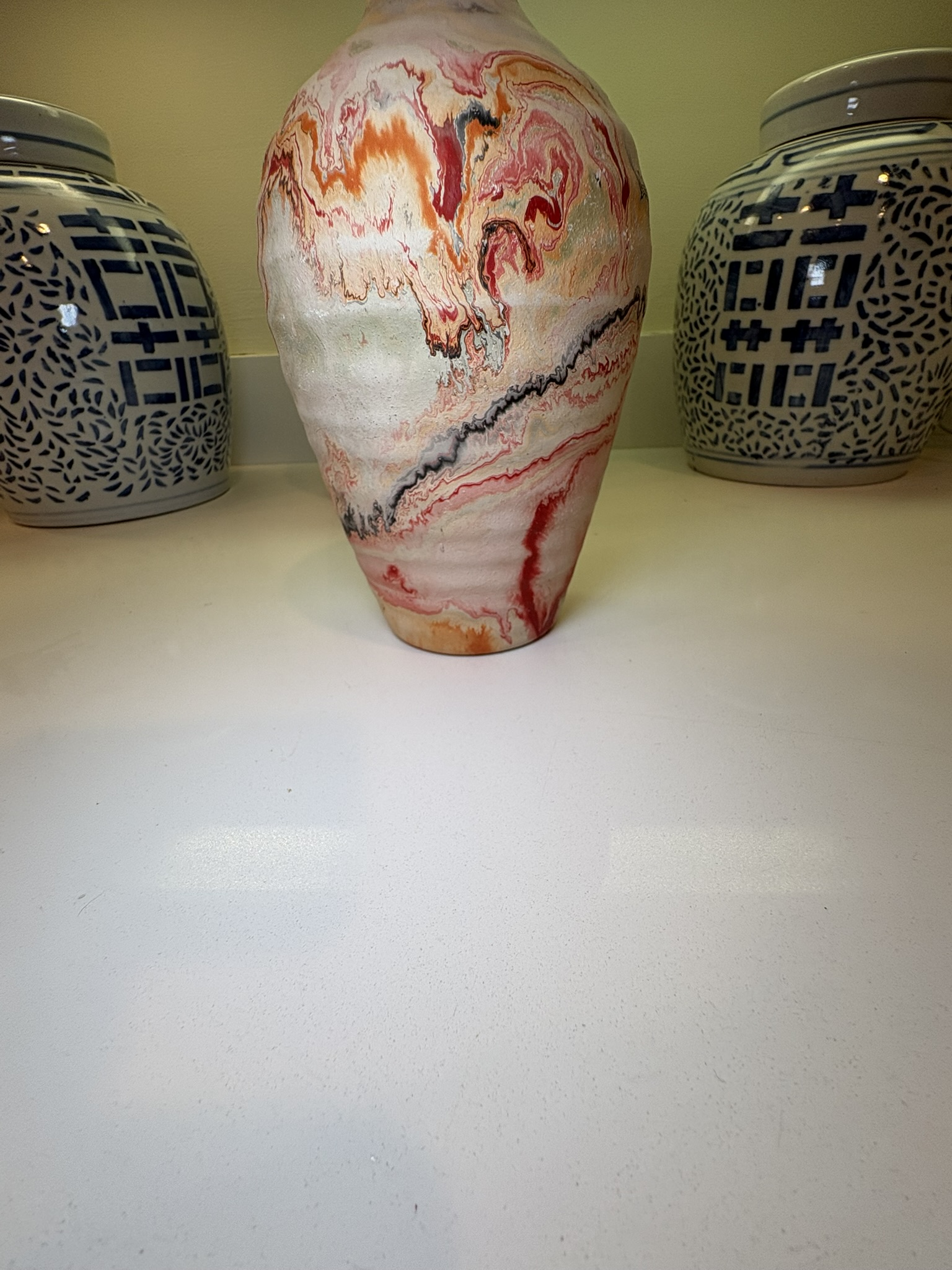 Boho Chic Nemadji Swirl Vase in Red Orange & Gray Studio Pottery main image 3