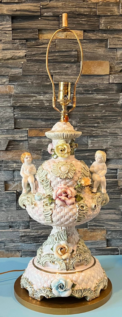 Mid-Century Capodimonte Porcelain Cherub Basketweave Floral Table