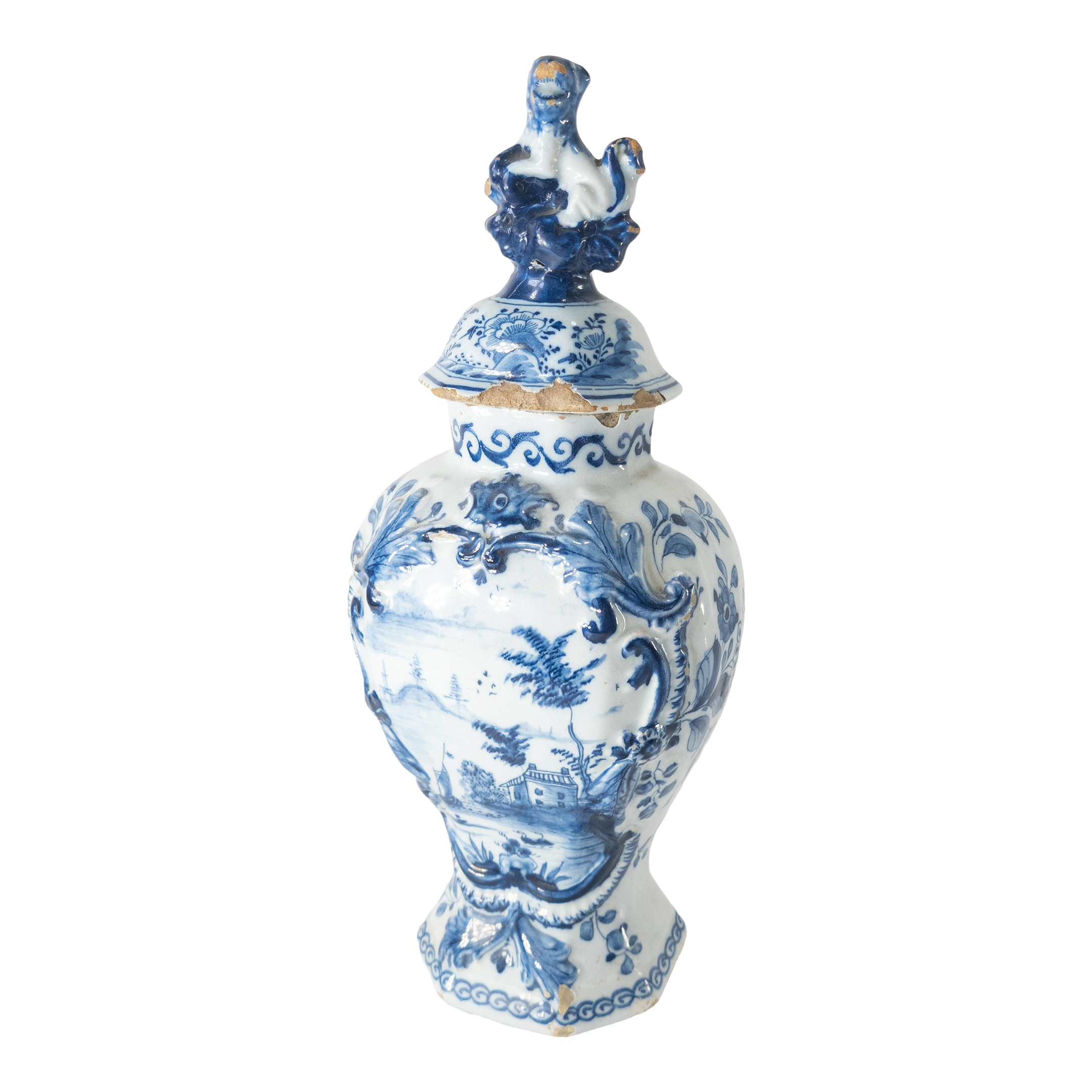 18th Century Dutch Delft Rococo Blue and White Hexagonal Garniture Vase Chairish