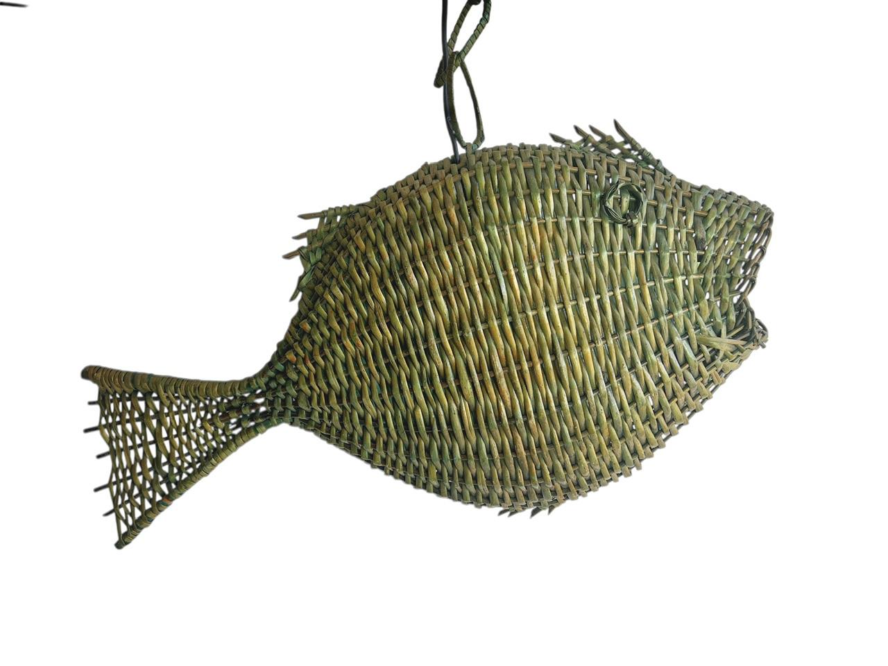 Mid-Century Modern Fish Wicker Rattan Pendant Lamp, 1960s