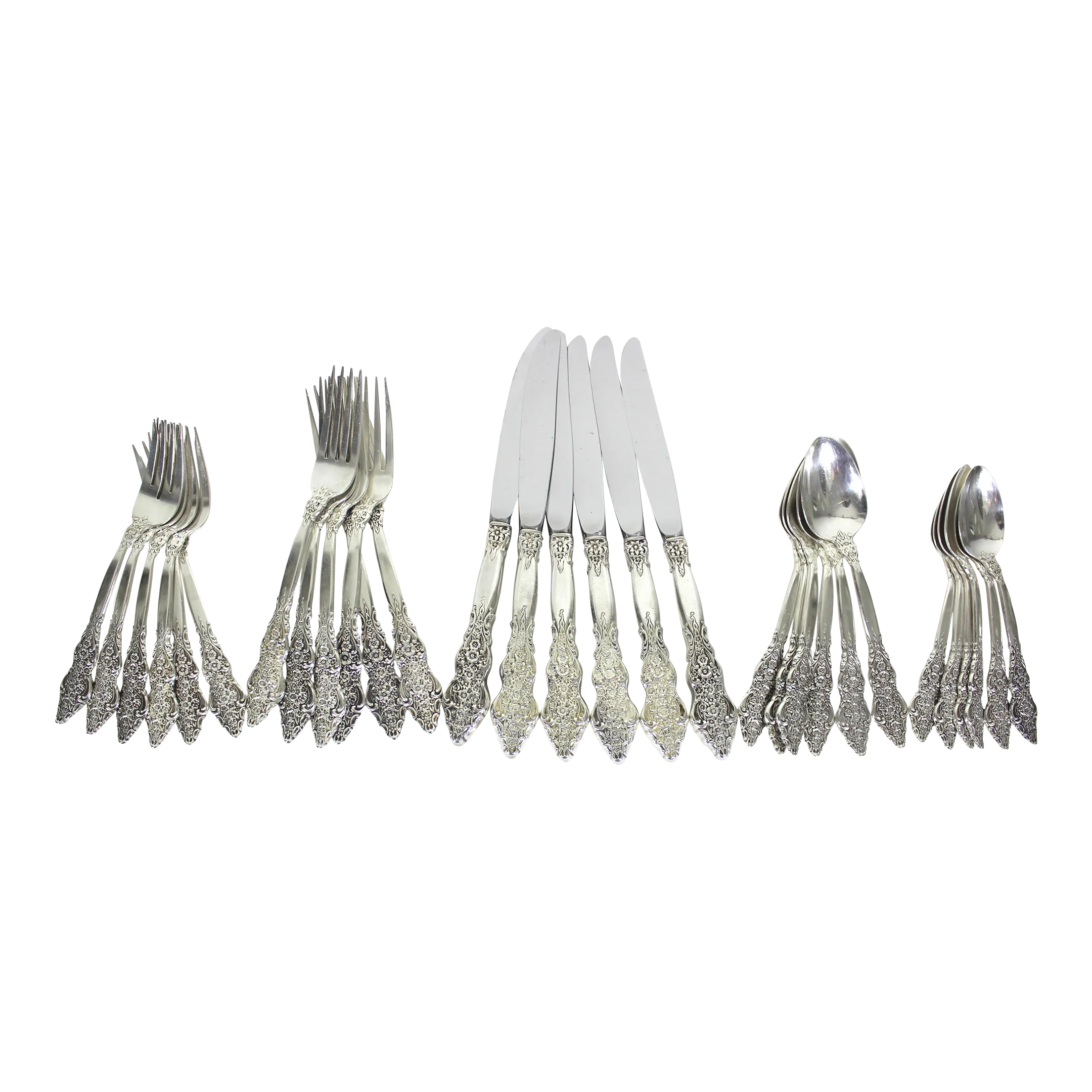 1971 Vintage Ornate Silver Plated Renaissance Six 5-Piece Place Settings Flatware Set- 30 Pieces