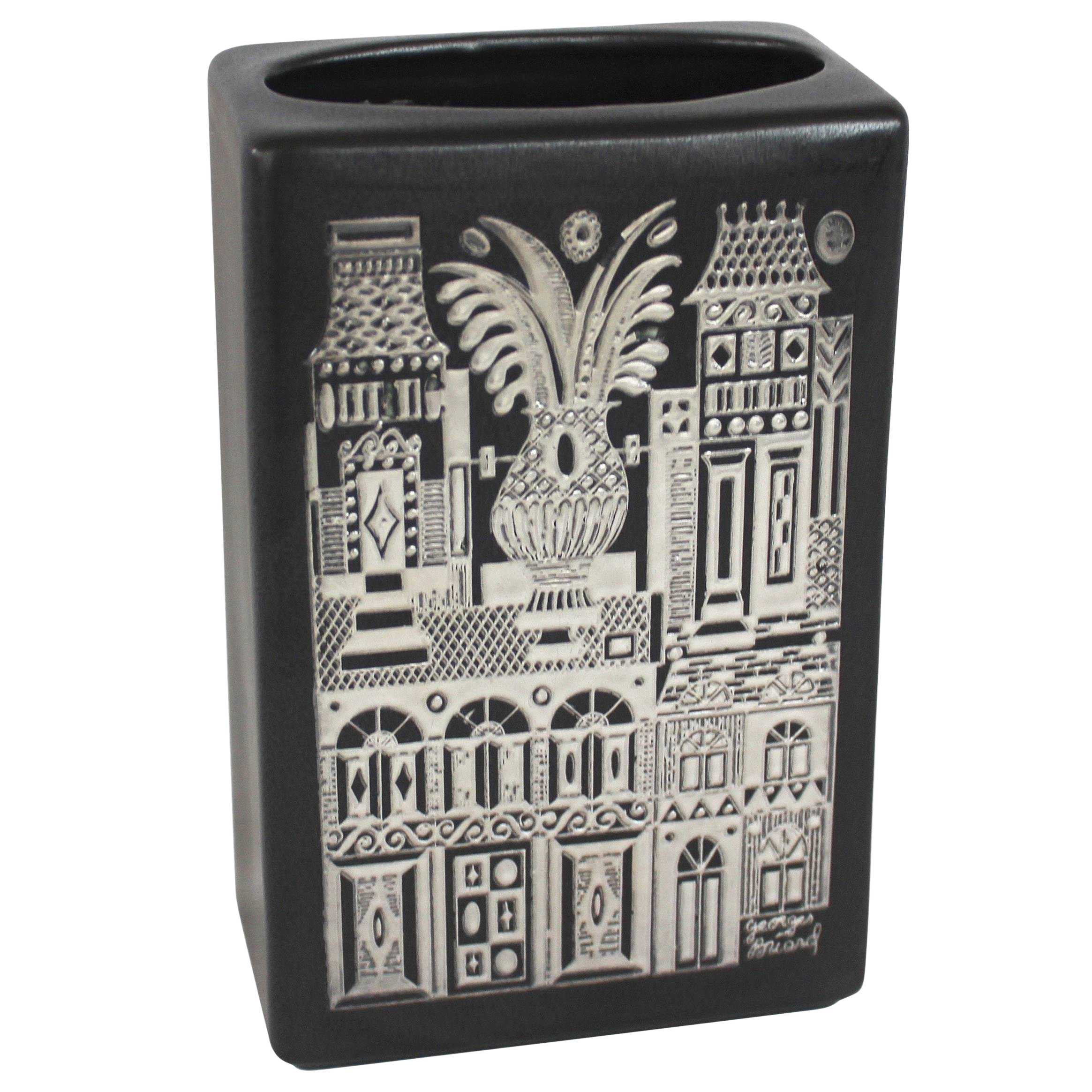 Silver Inlaid Black Matte Ceramic Vase By Georges Briard Chairish