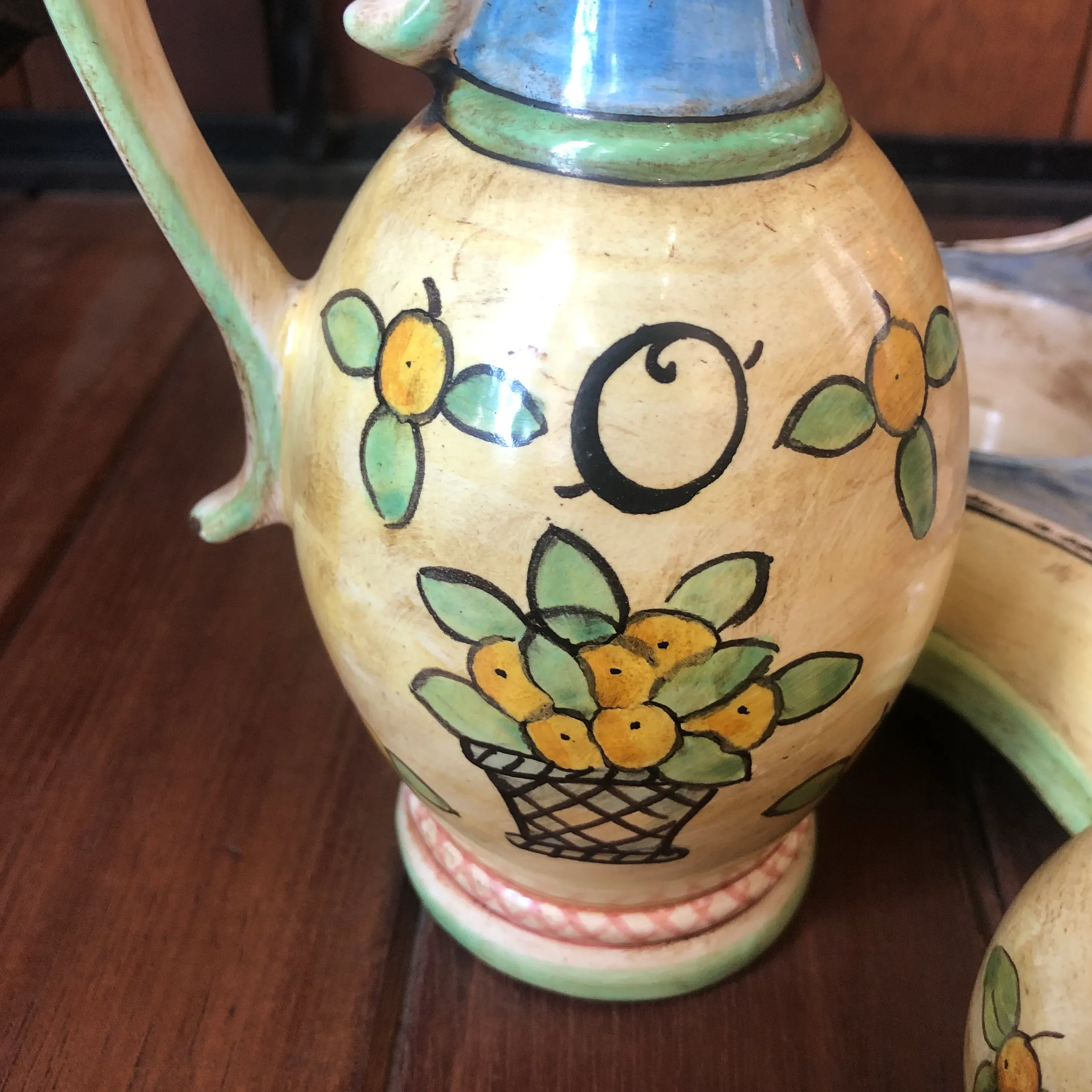 1990s Italian Hand Painted Ceramic Oil, Vinegar, Salt and Pepper Cestino