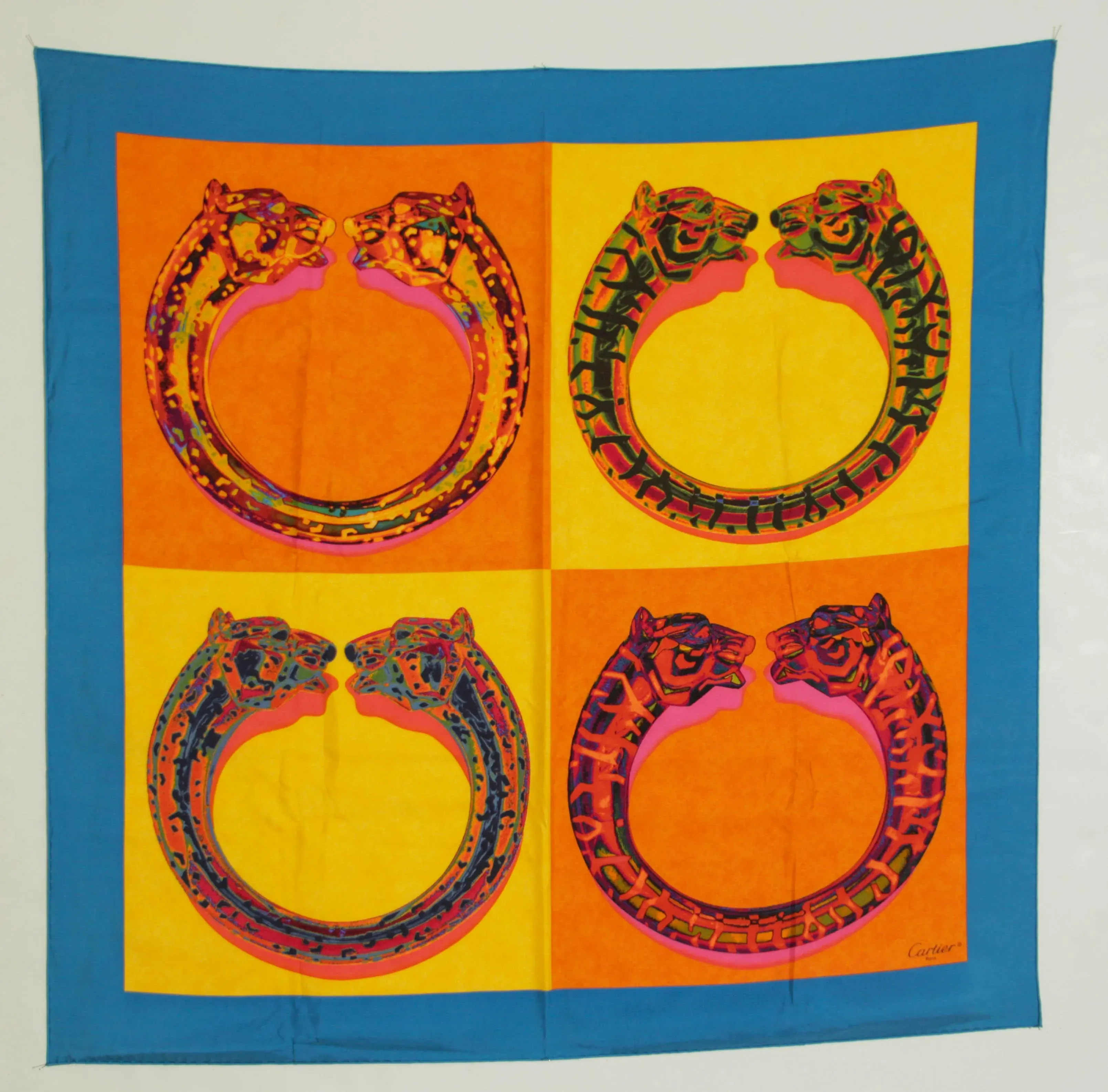 CARTIER Paris Silk Scarf Blue and Yellow Panther Bracelets in Box