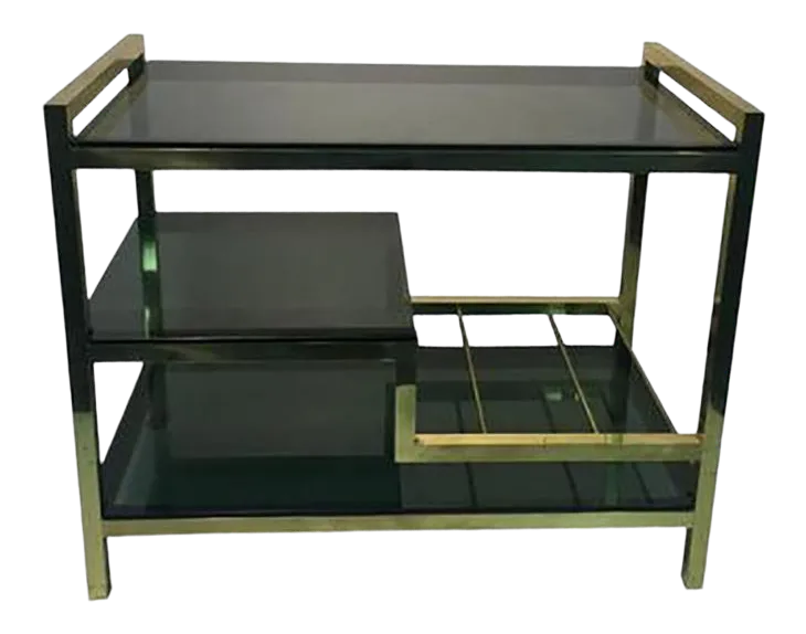Incredible Italian Modernistic Brass Bar Cart With Smoke Glass Shelves