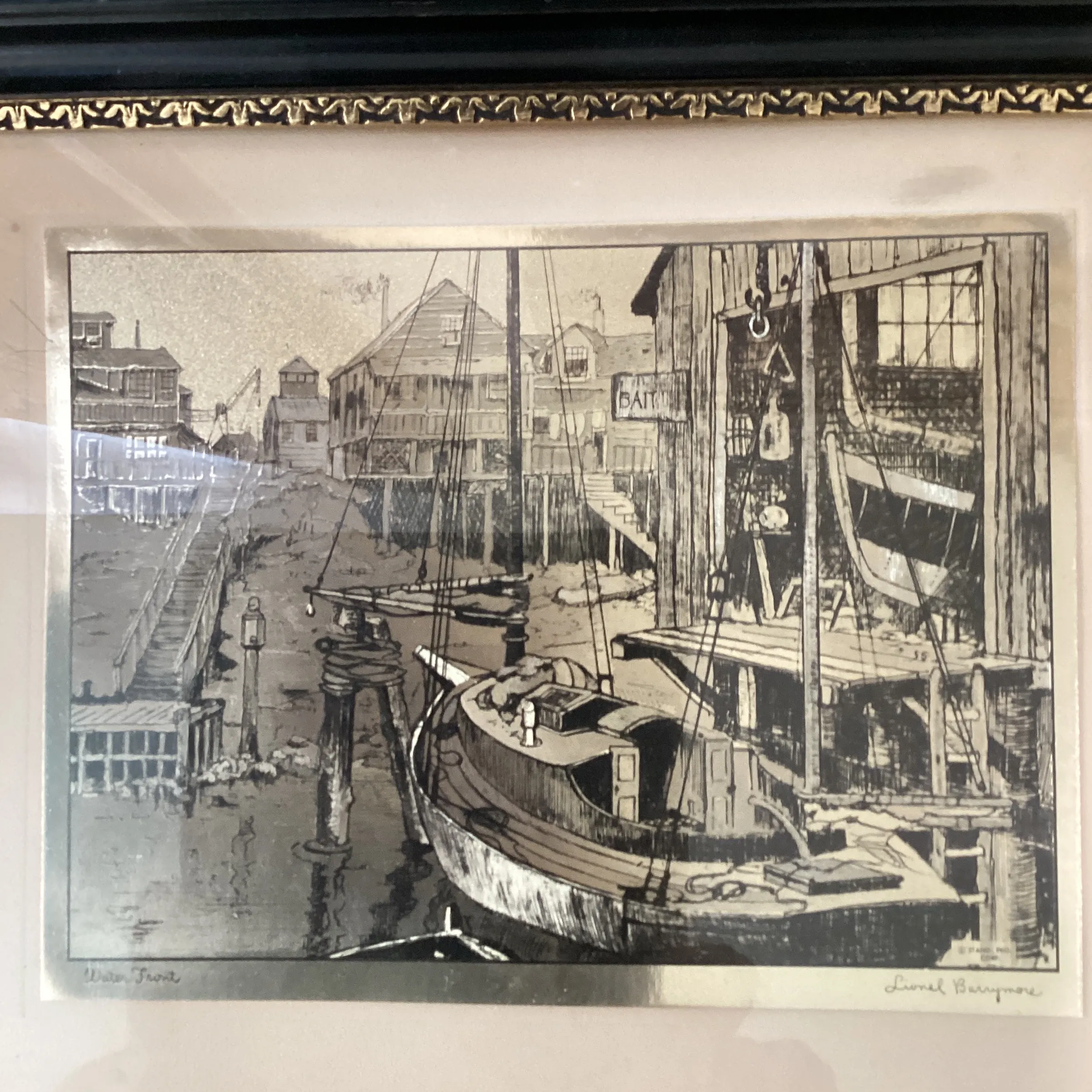 Mid 20th Century Vintage Lionel Barrymore Nautical Motif Gold Foil Print, Framed