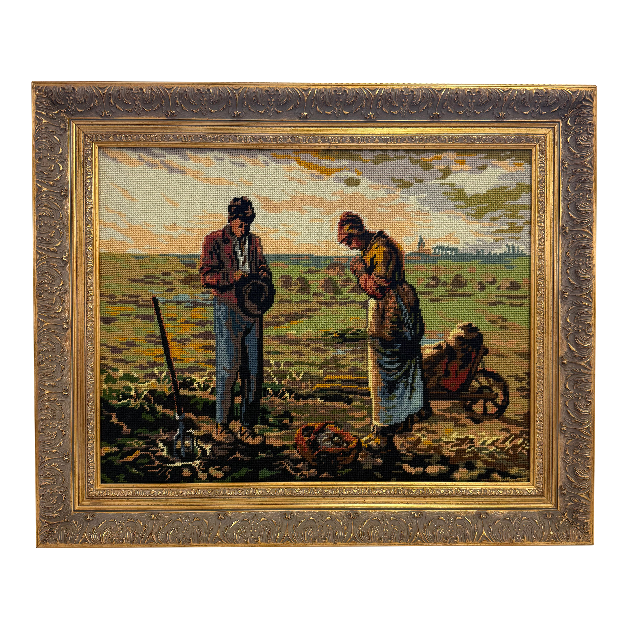 Vintage Rustic Farmhouse Framed Needlepoint Tapestry, The Angelus