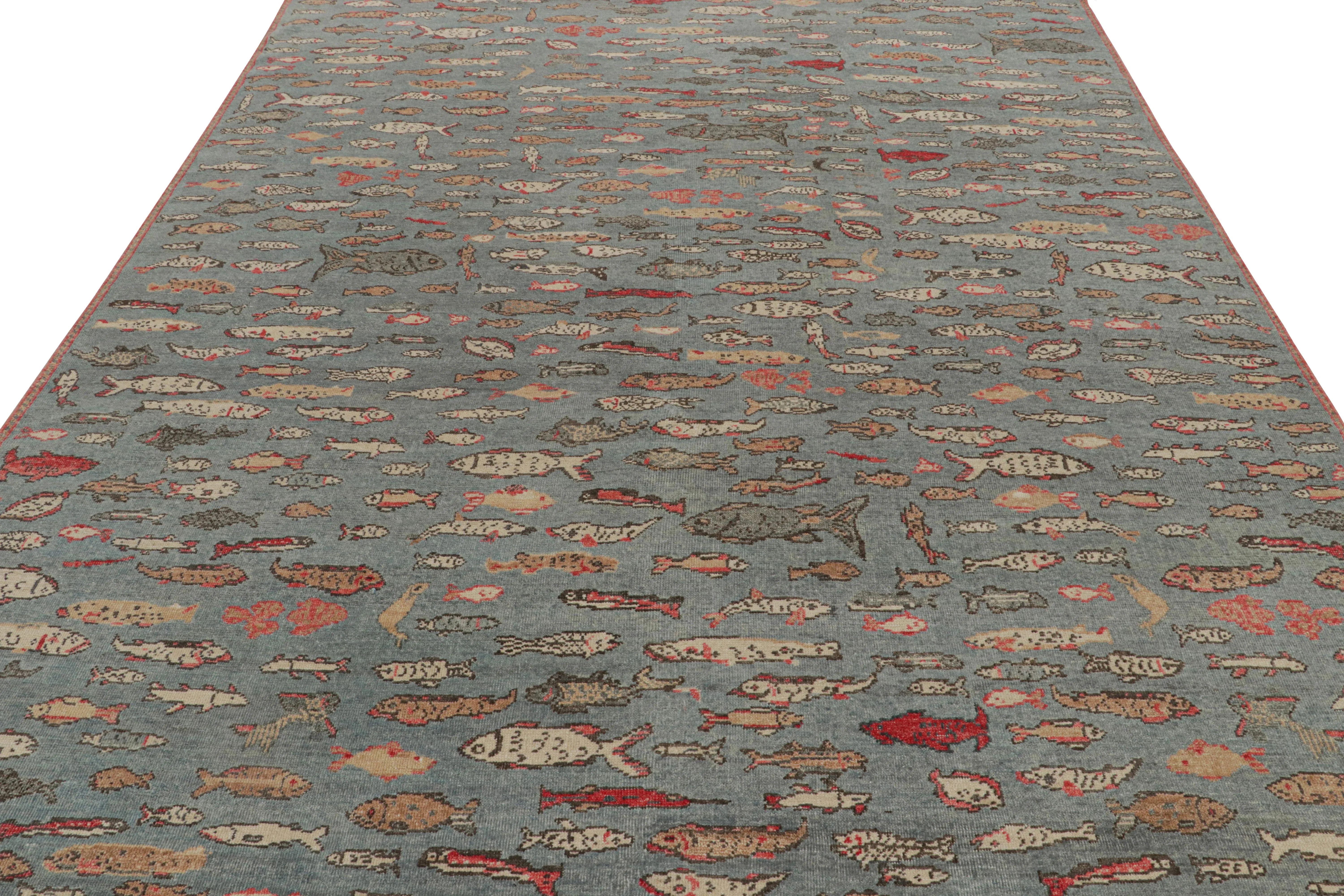 Rug & Kilim's Pictorial Art Rug in Blue With Fish Illustrations