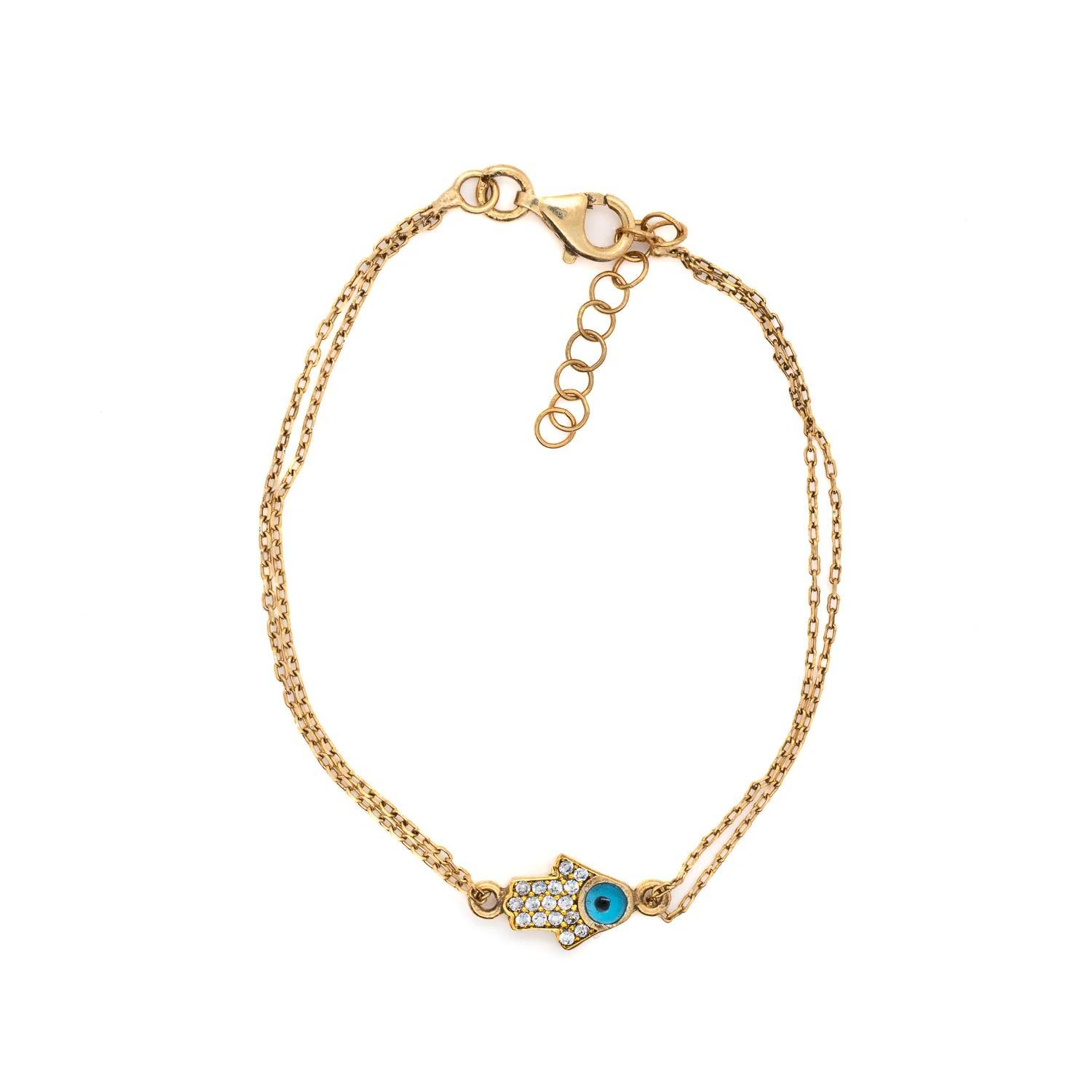Minimalist Sparkly Hamsa Hand & Evil Eye Gold Bracelet
