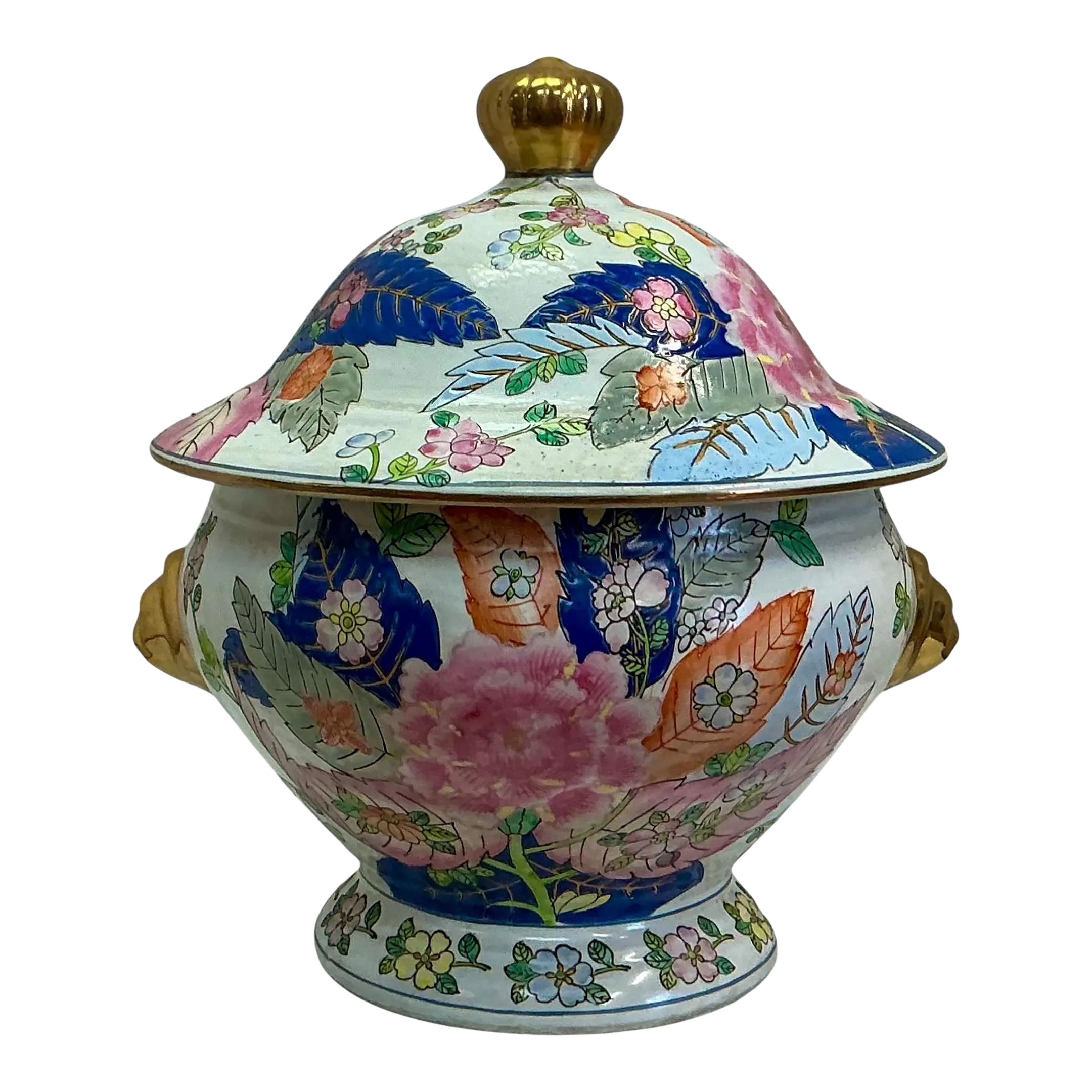 tobacco leaf tureen Chinese Export Pink & Blue Tobacco Leaf Pattern Pottery Holiday Tureen