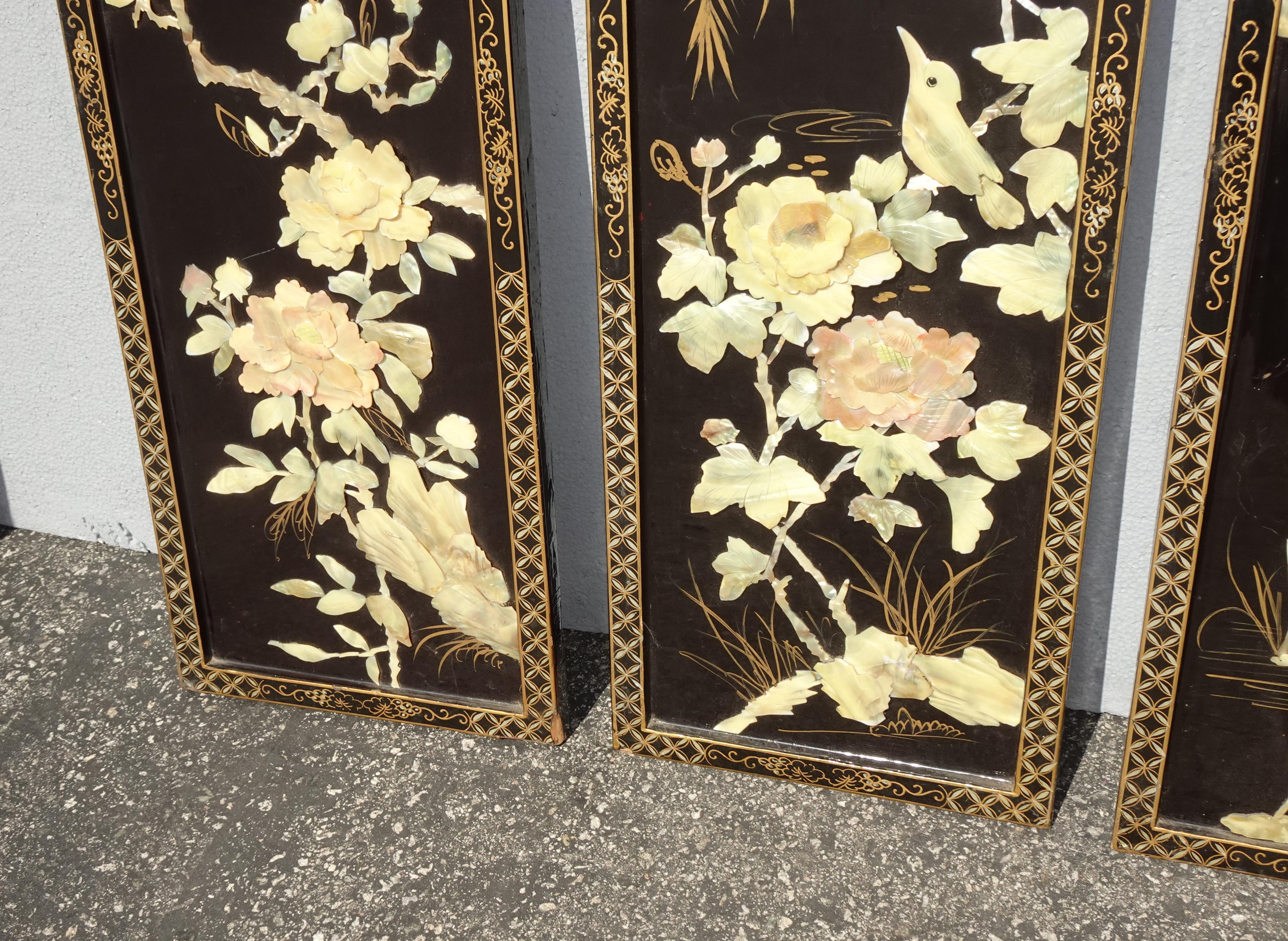 Vintage Oriental Asian White Mother of Pearl Four Panel Screen Flowers & Birds