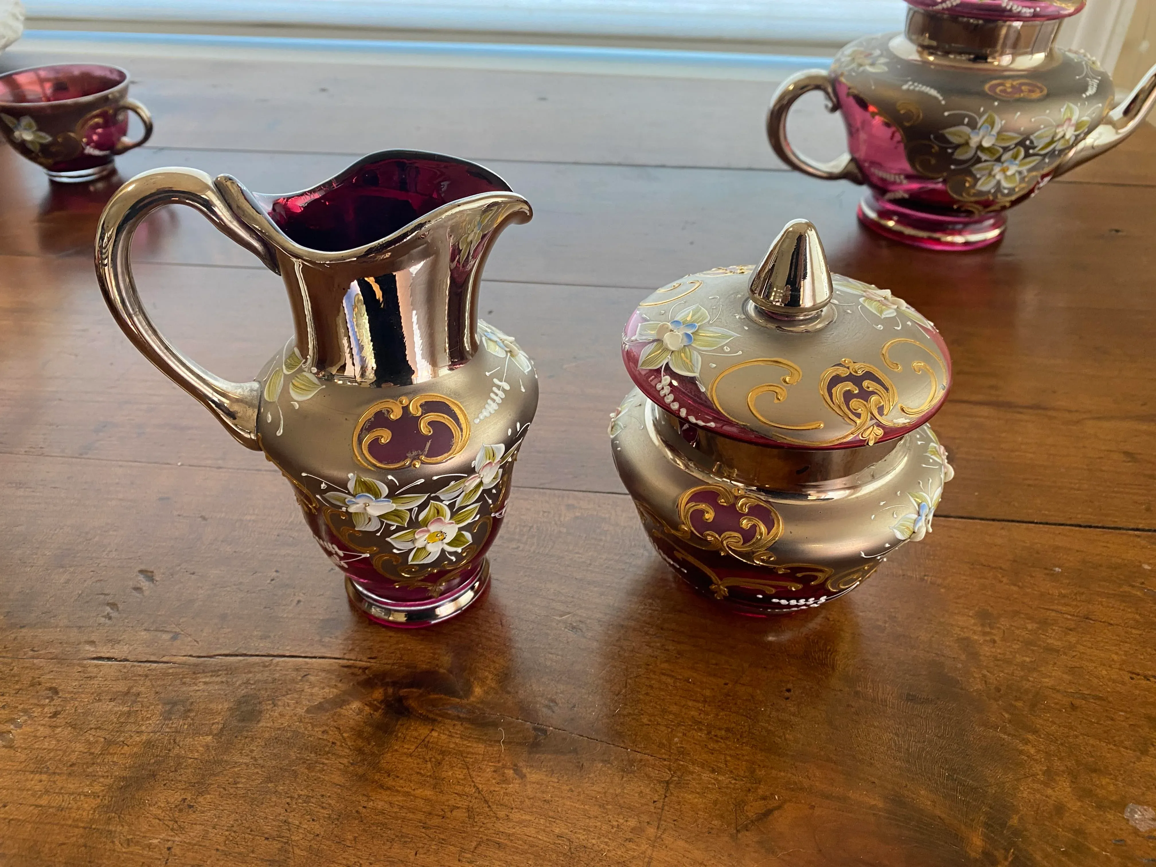 MURANO　 イタリア製 ティーセット Vintage Venetian Murano Cranberry Glass HandPainted 24k Gold