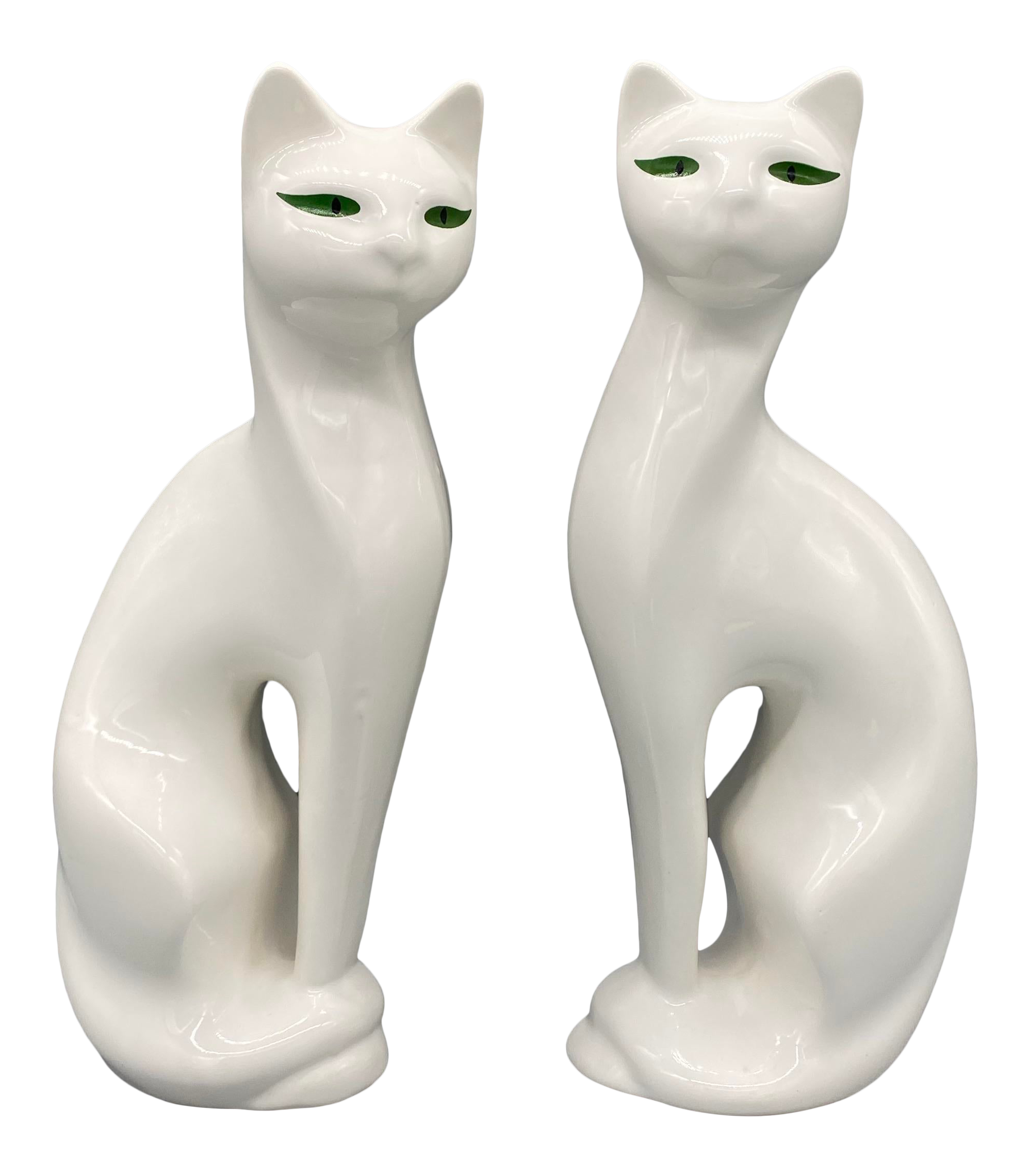 Large Mid Century Modern White Cat Figurines With Green Eyes a Pair