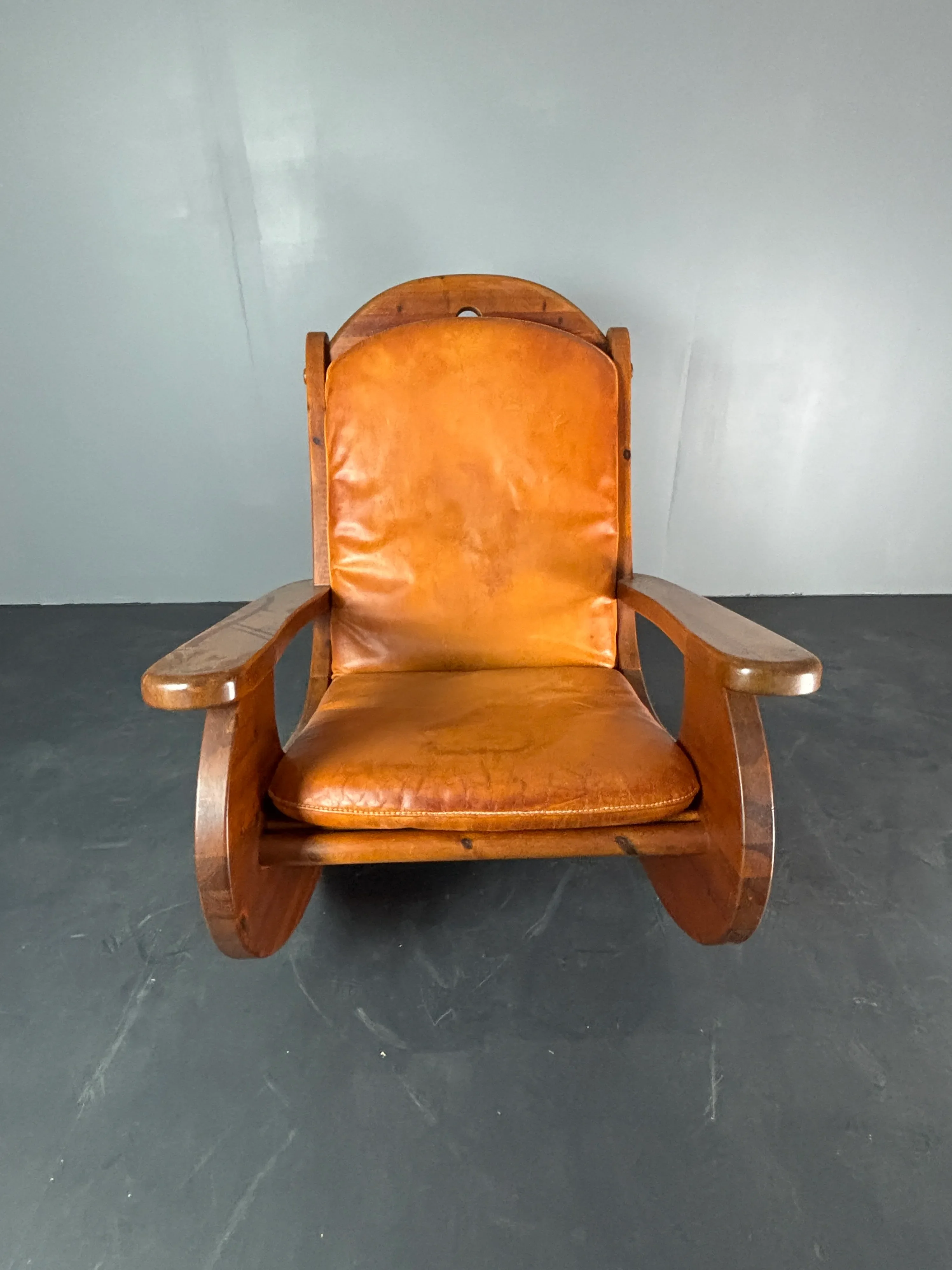 Brutalist Pine Rocking Lounge Chair with Leather Seat from Wasa, 1984