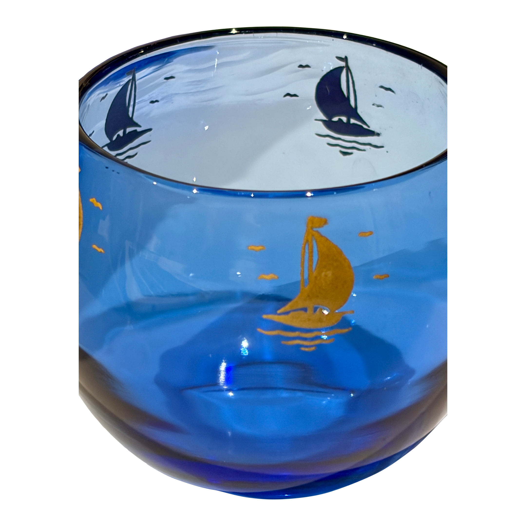 Vintage Hazel Atlas Light Royal Cobalt Blue Glasses With Sailboat