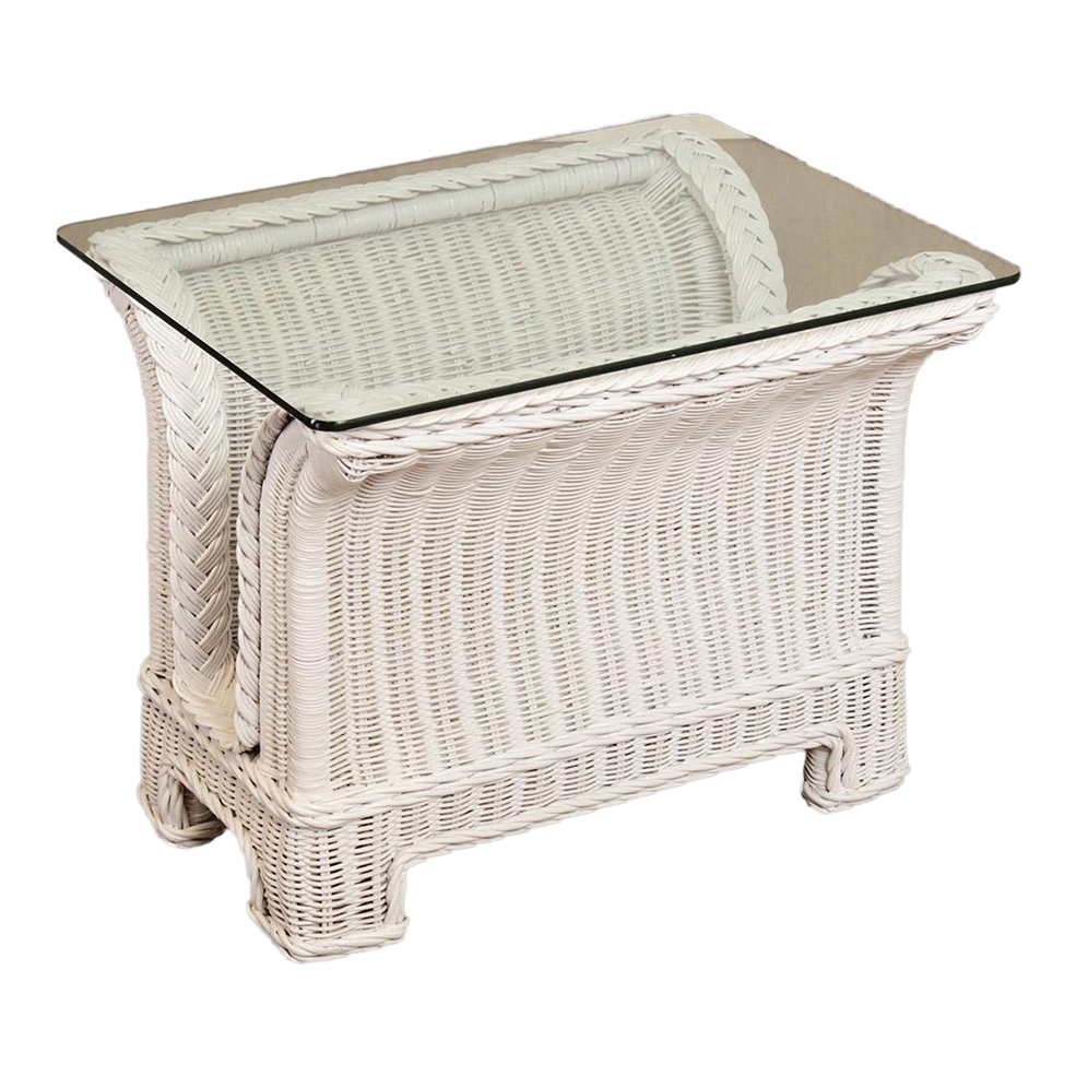 Vintage White Wicker Glass Top Side Table Attributed to Henry Link