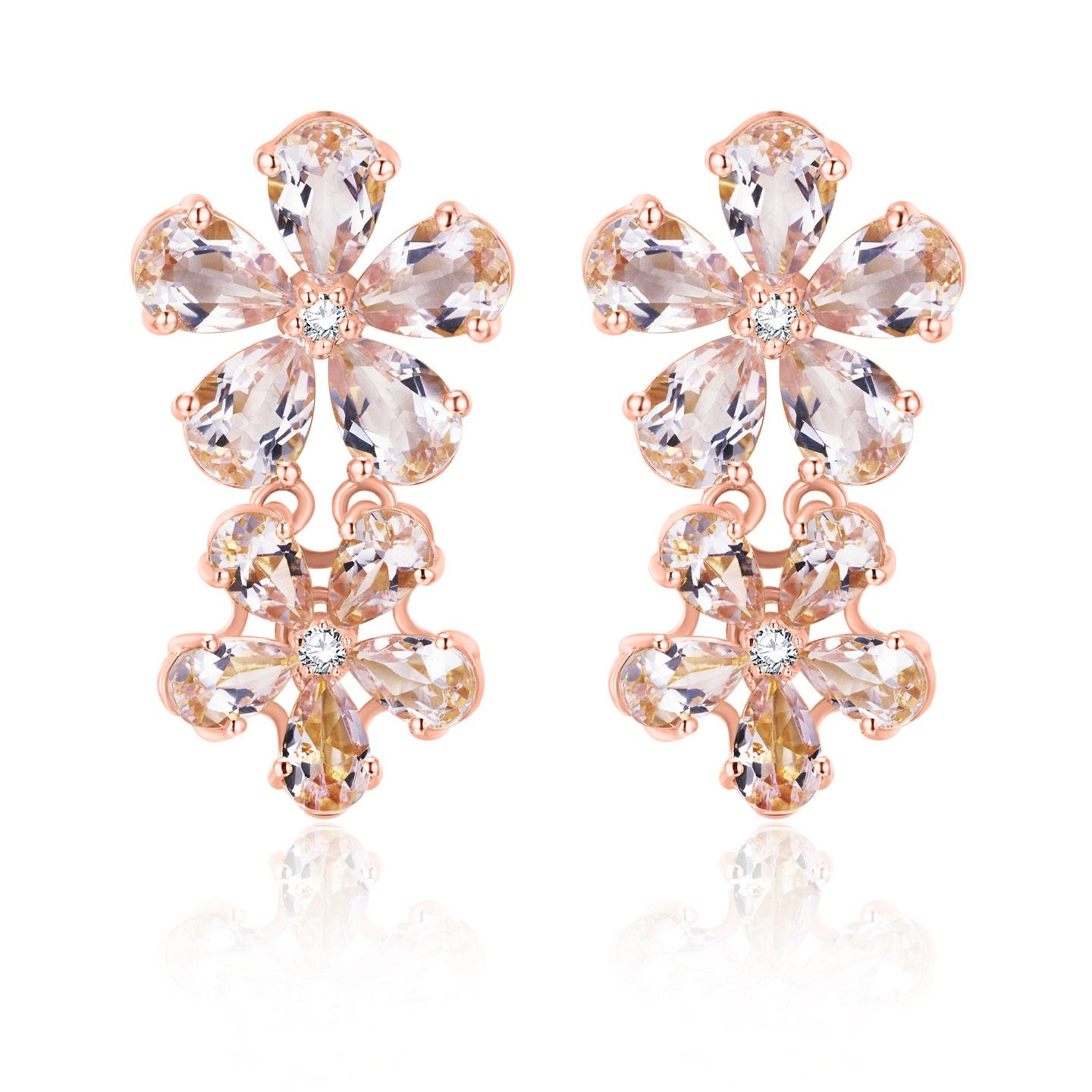 Nina Zhou Morganite Diamond Double Blossom Drop Earrings in 14k