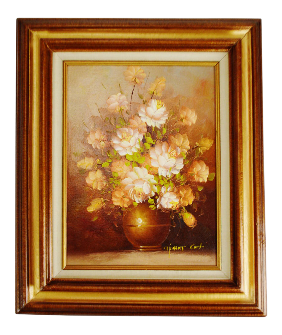 Vintage Framed Floral Still Life Oil on Canvas Painting by Robert Cox