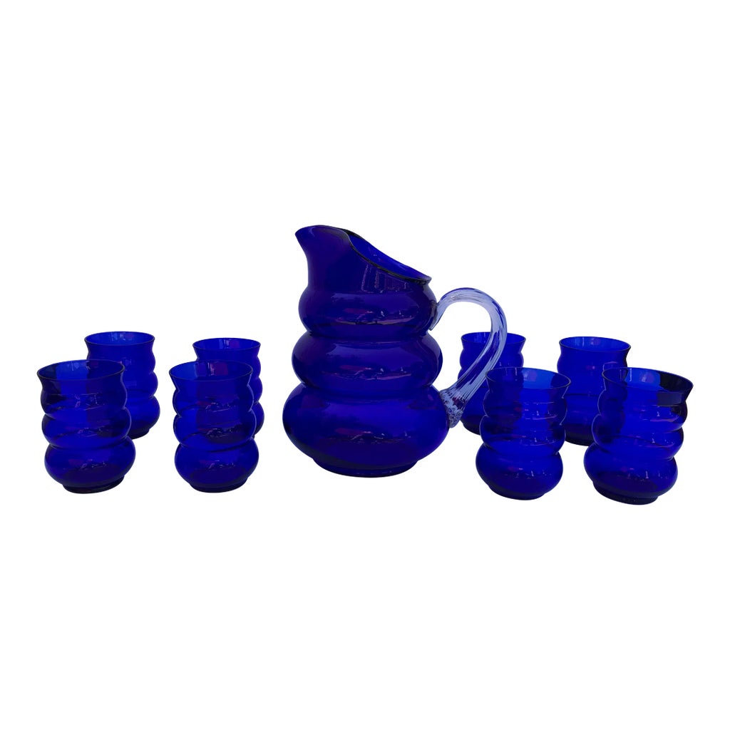 1930s Harpo Cobalt by Louie Glass Company Pitcher and Tumblers Set