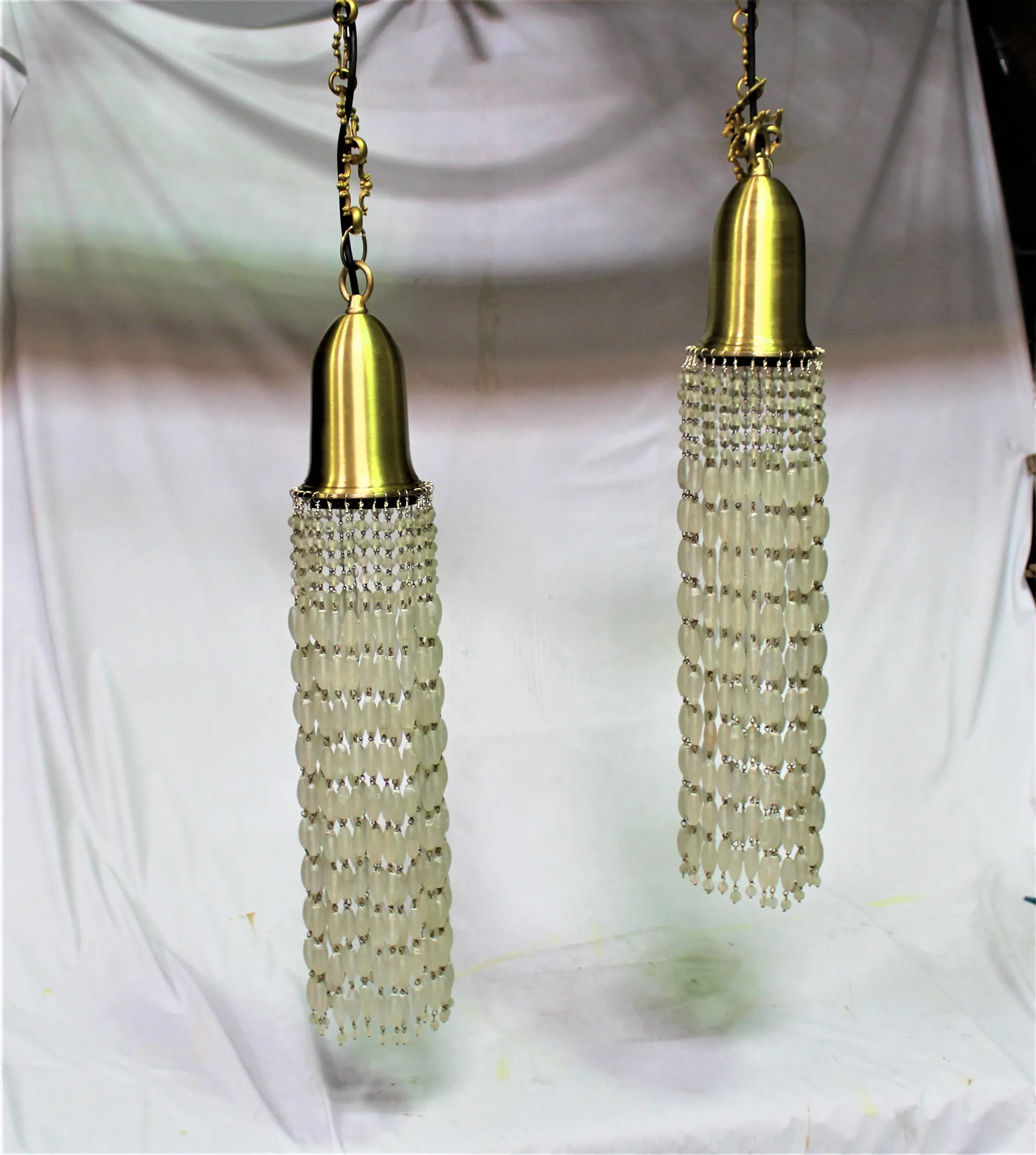 Modern Frosted Glass Beads Pendant Lamps with Brass Shades and Chains - a Pair
