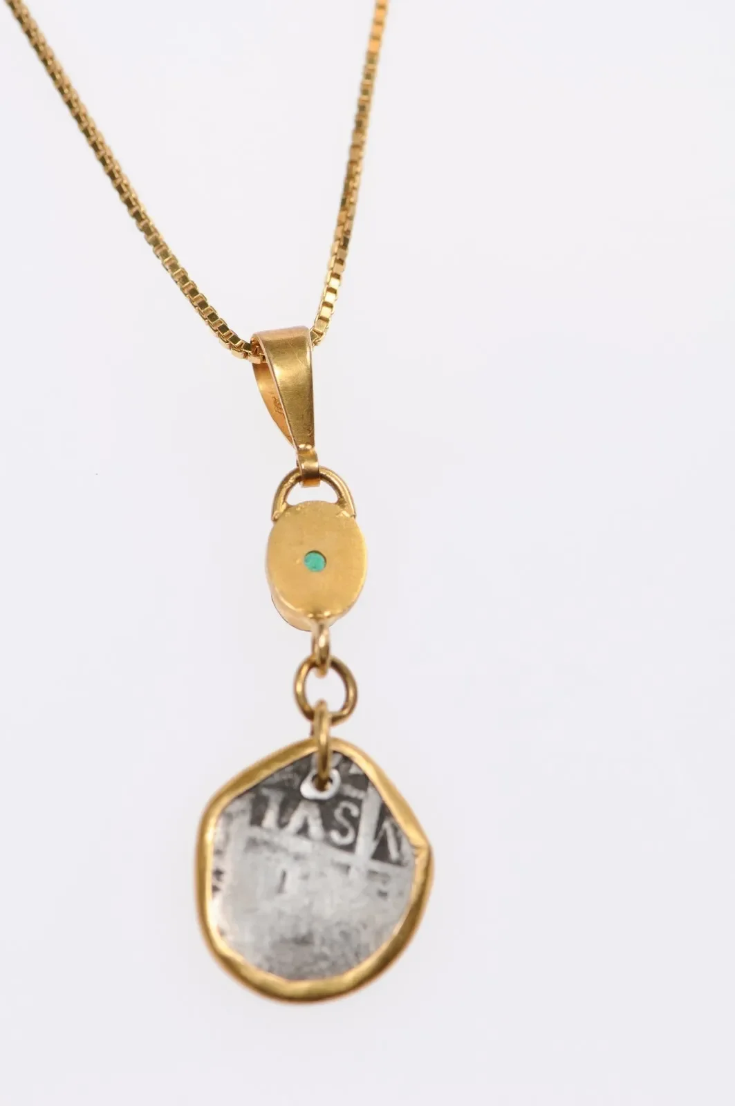 Antique Spanish Colonial Coin Pendant with Emerald Chairish