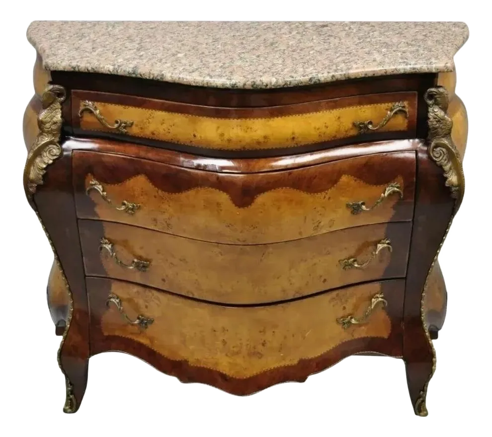 Reproduction French Louis XV Style Pink Marble Top Bombe Commode Dresser Chest