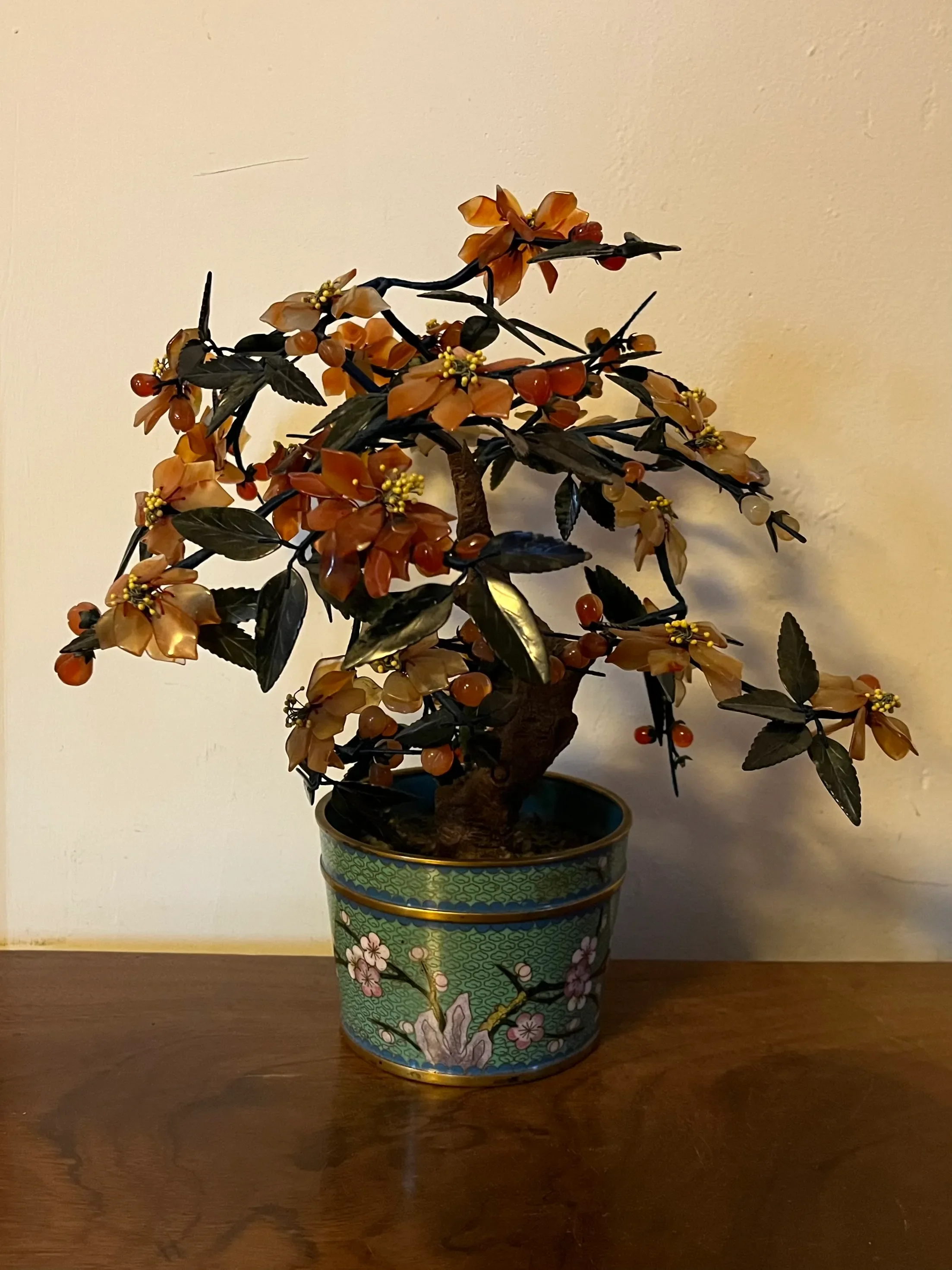 Antique Early 20th Century Chinese Hardstone & Jade Bonsai Tree in  Cloisonn Enamel Flower Pot