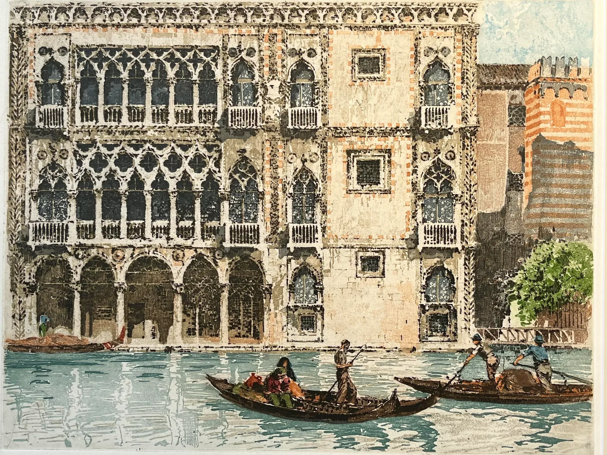 イタリア製 ゴルフ アート ART 2点 蚤の市 ヴィンテージ Italy Vintage Color Etching Venice Italy Gondolas by Franz Xavier