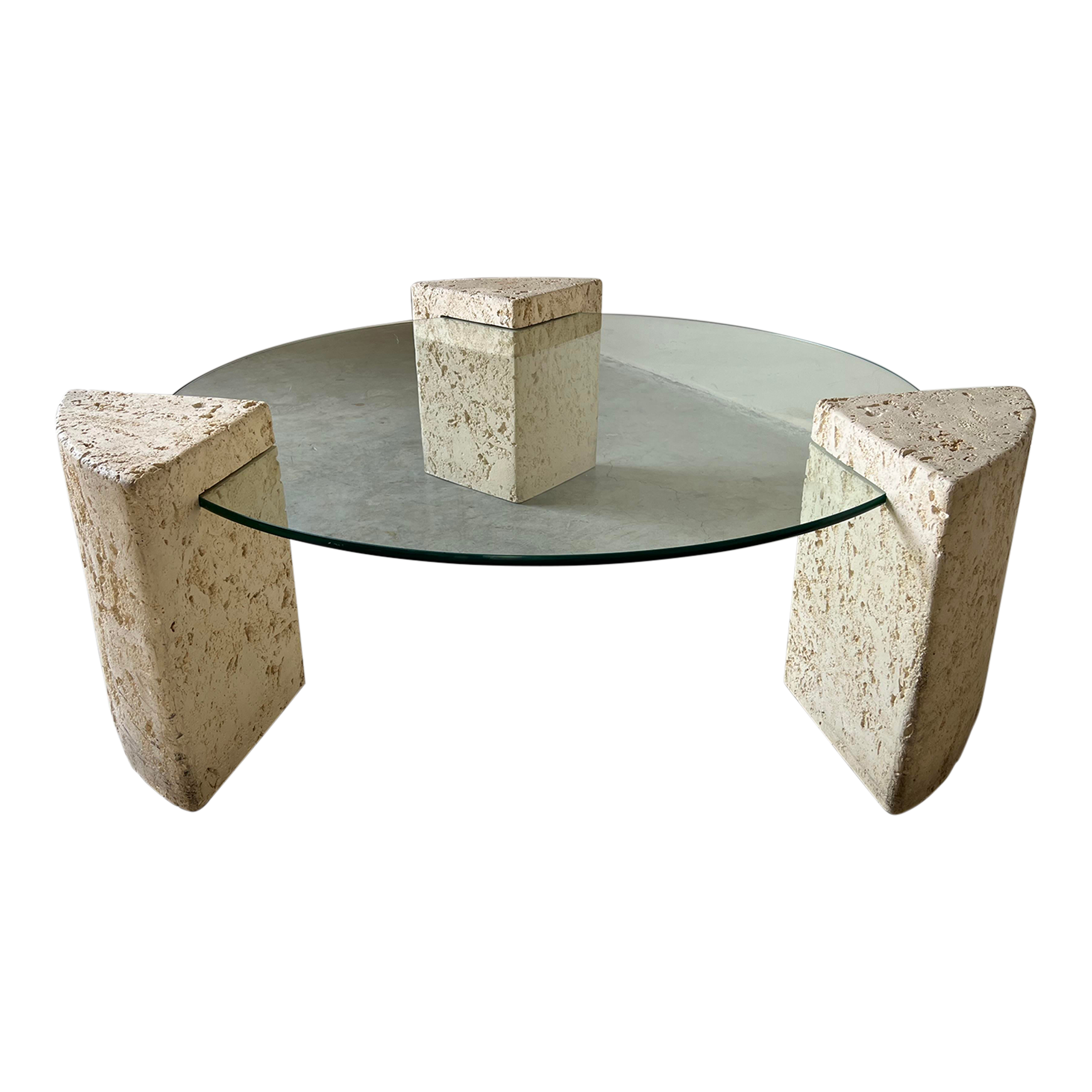 80's Postmodern Fuax Coral Stone Plaster Round Coffee Table W/ Glass