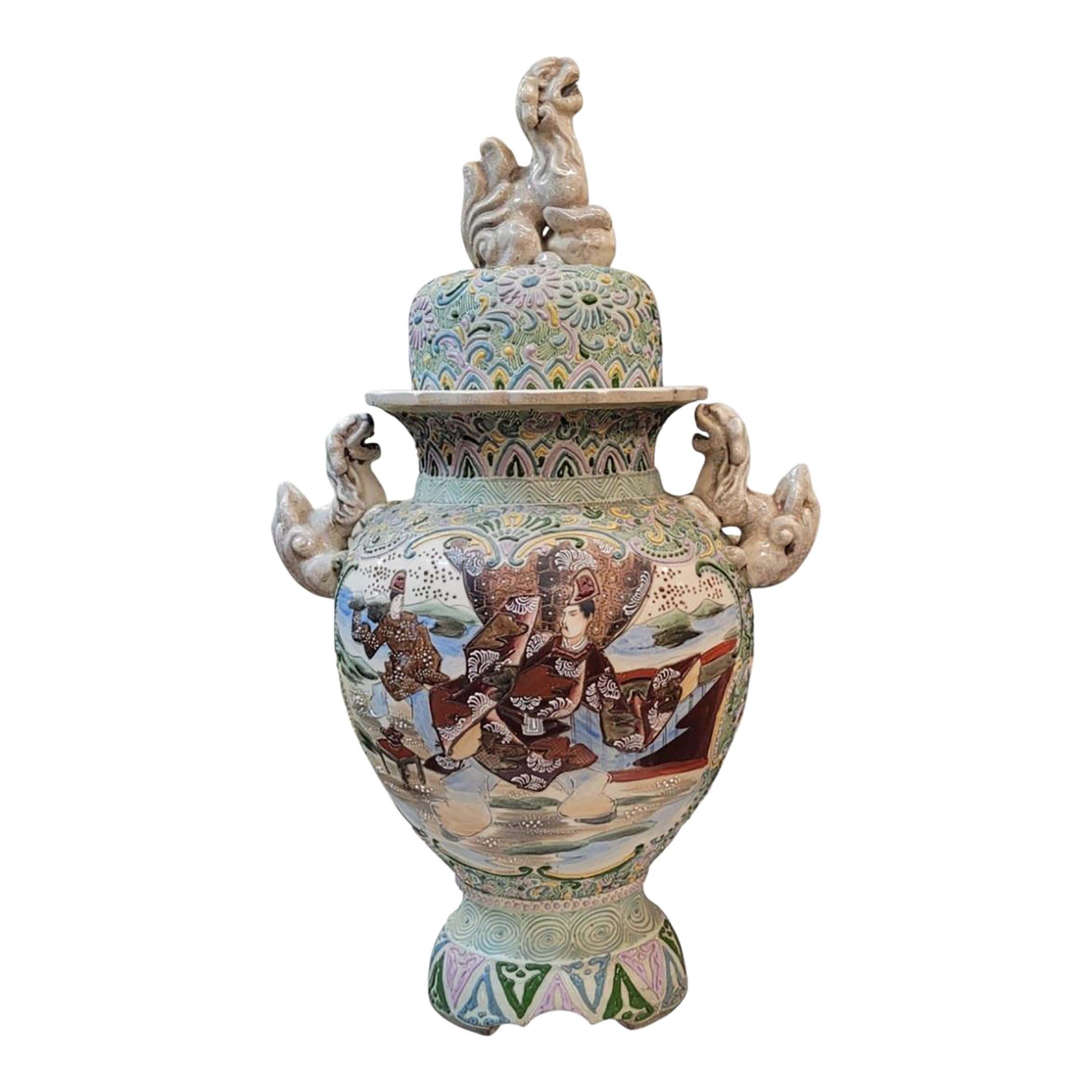 Large Antique Satsuma Covered Foo Dog Urn