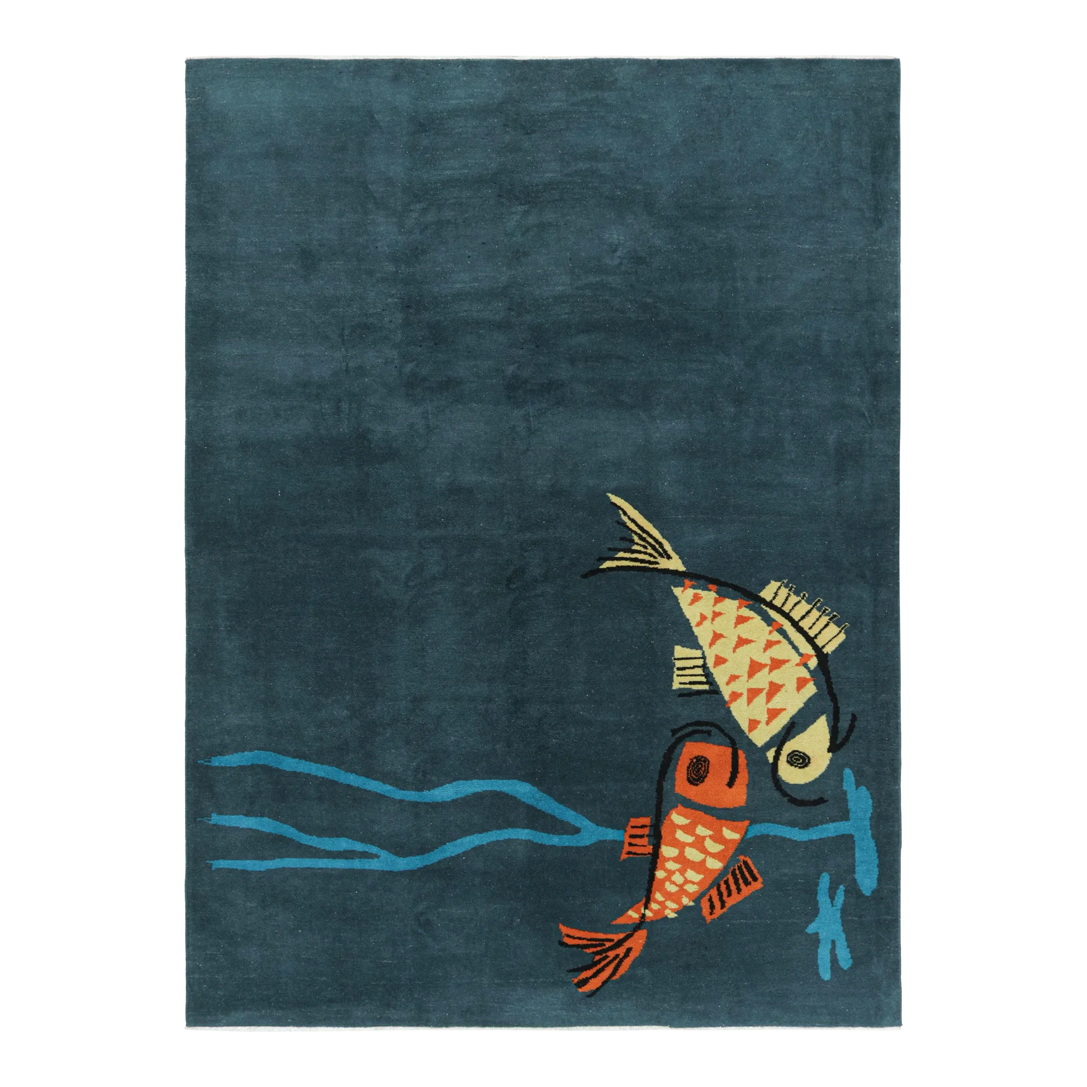 ⌘ kilim art ⌘ ヴィンテージ　キリム　絵画　アート　インテリア　魚 Vintage Zeki Müren Rug in Navy Blue With Fish Pictorials | Rug