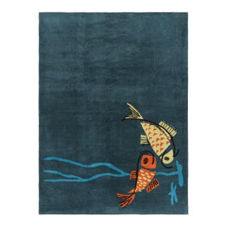 ⌘ kilim art ⌘ ヴィンテージ　キリム　絵画　アート　インテリア　魚 Vintage Zeki Müren Rug in Navy Blue With Fish Pictorials | Rug