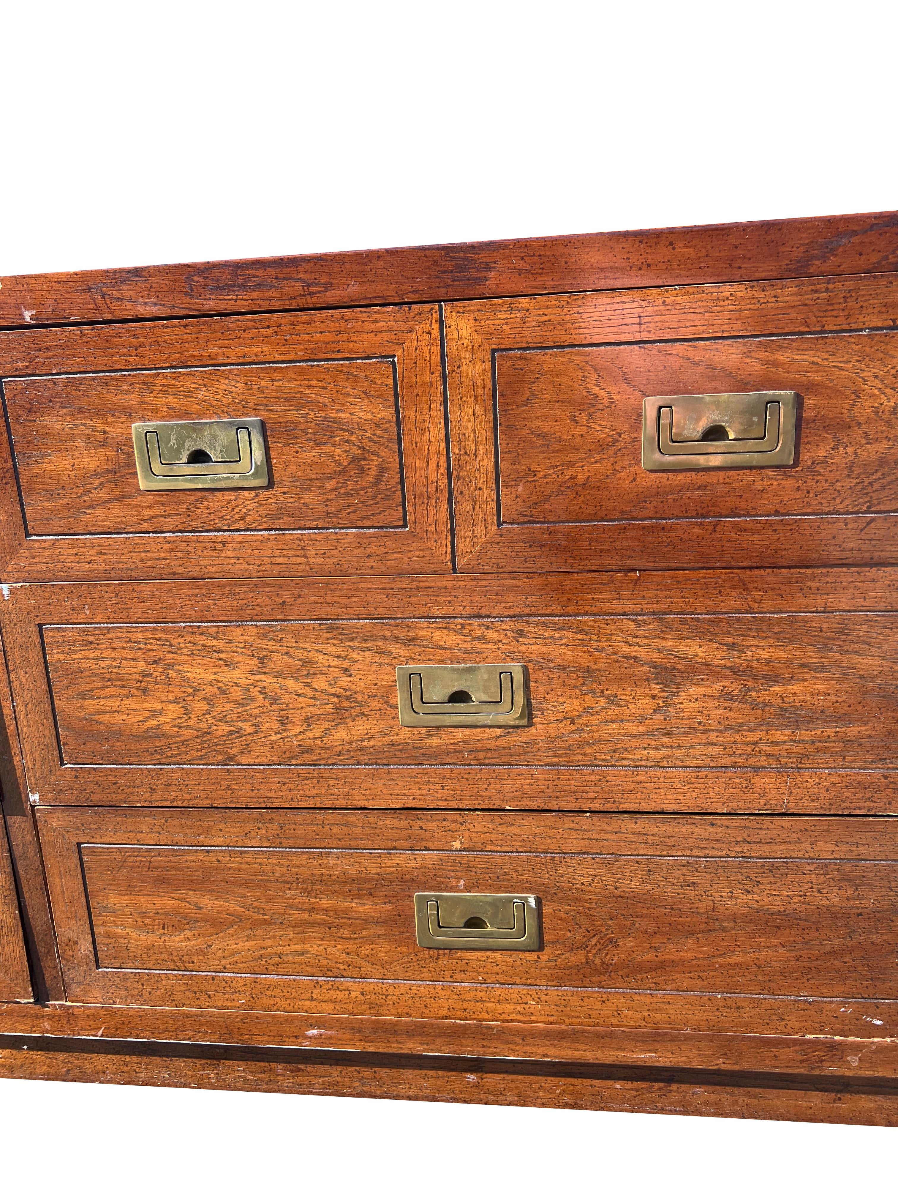 Vintage Campaign Long Dresser or Credenza With Brass Hardware in Henredon  Style by Dixie