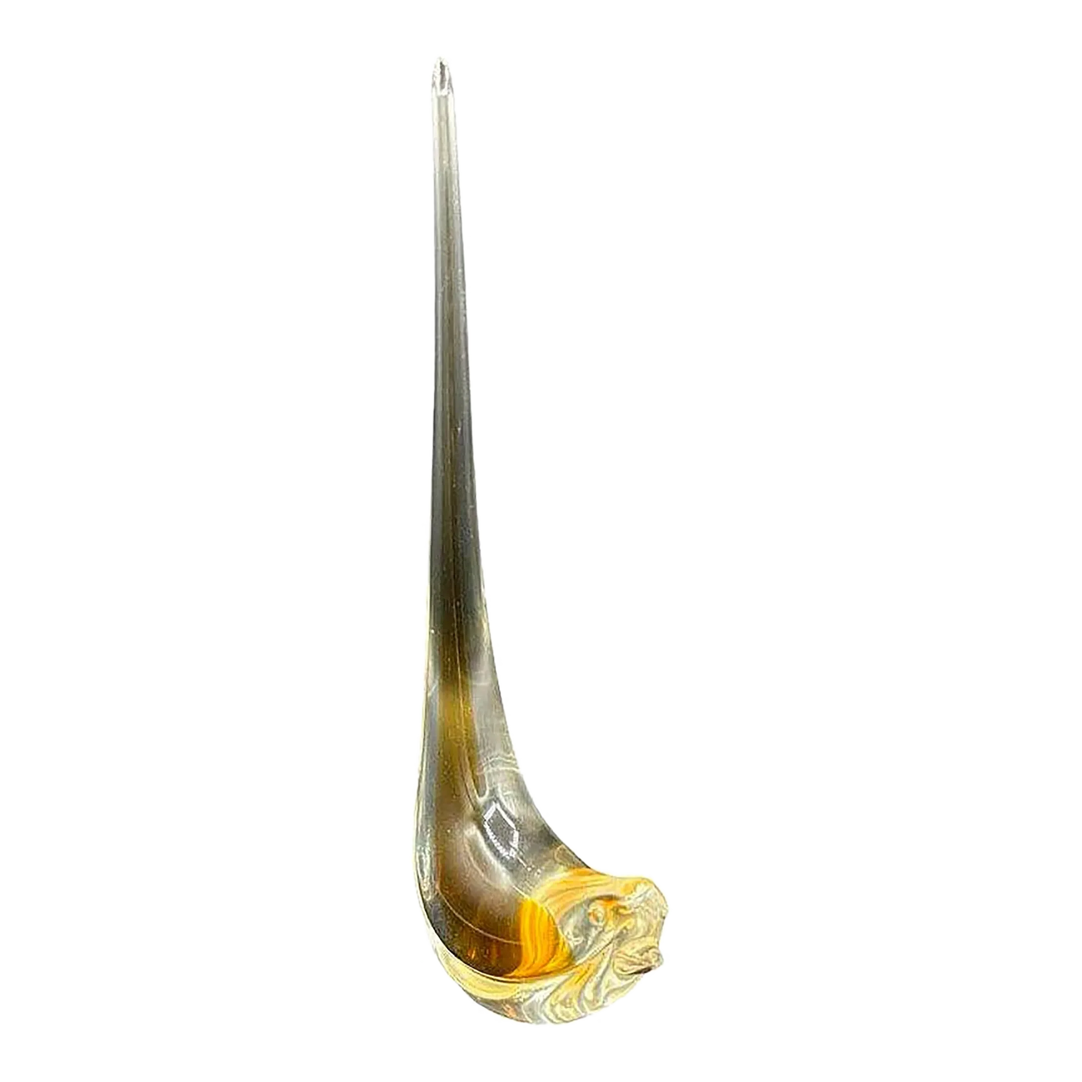 Mid Century Hand Blown Sommerso Murano Style Yellow Art Glass Bird W/ Tall Feather