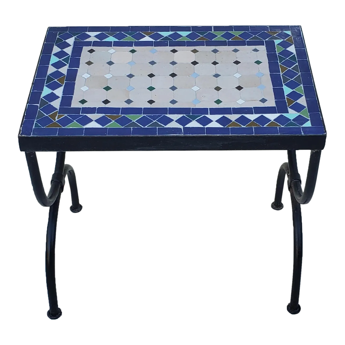 Handmade Moroccan White and Shades of Blues Mosaic Side Table, Small