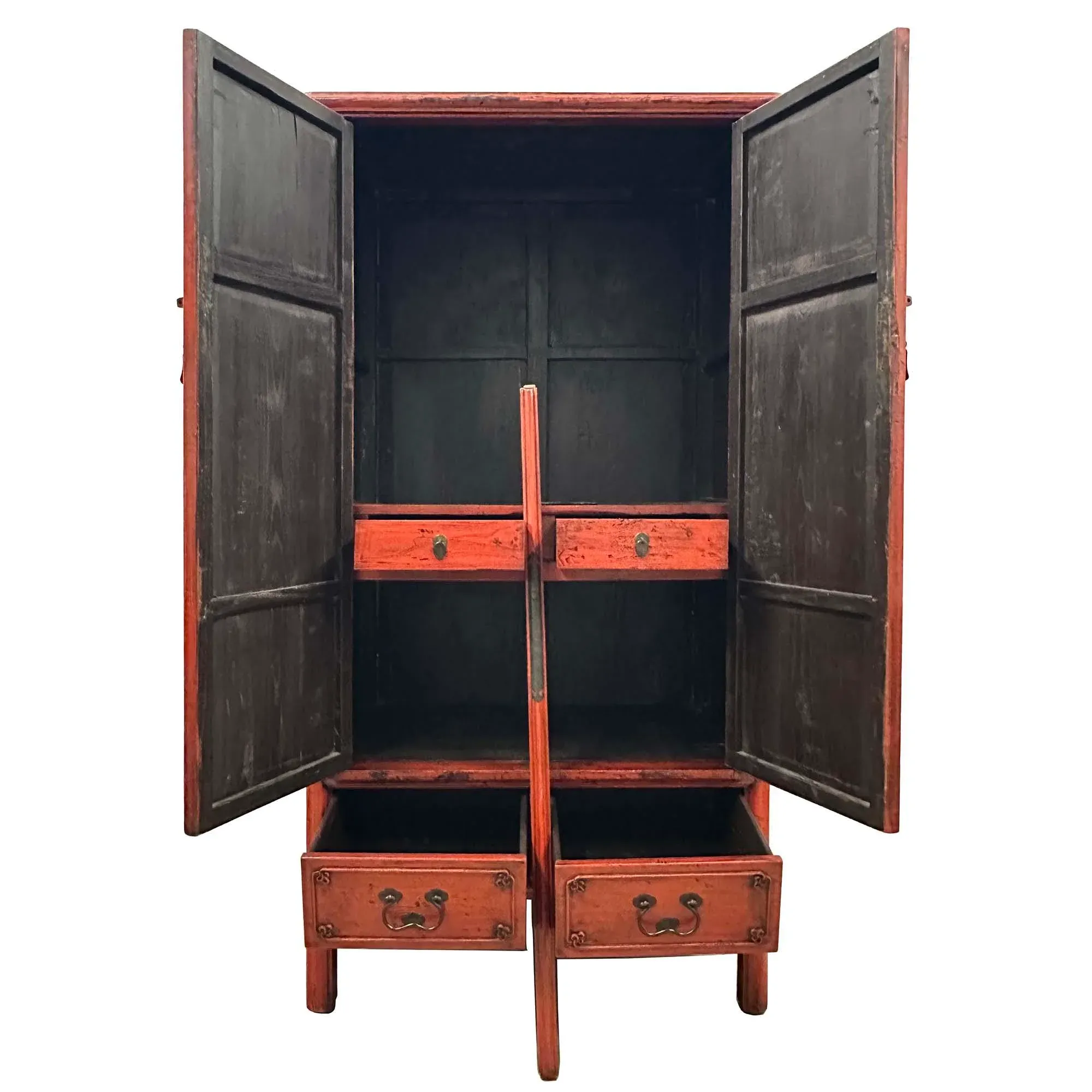 19th Century Antique Chinese Red Lacquer Wedding Cabinet