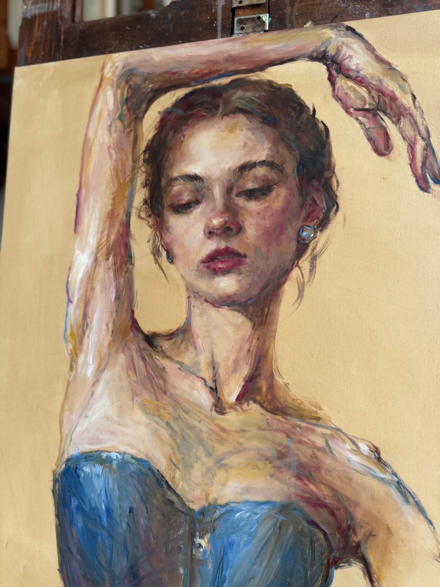 Artist Liubou Sas “Between Breaths” Modern Original PaintingVintage Distressed Oushak Carpet - 8\'8\