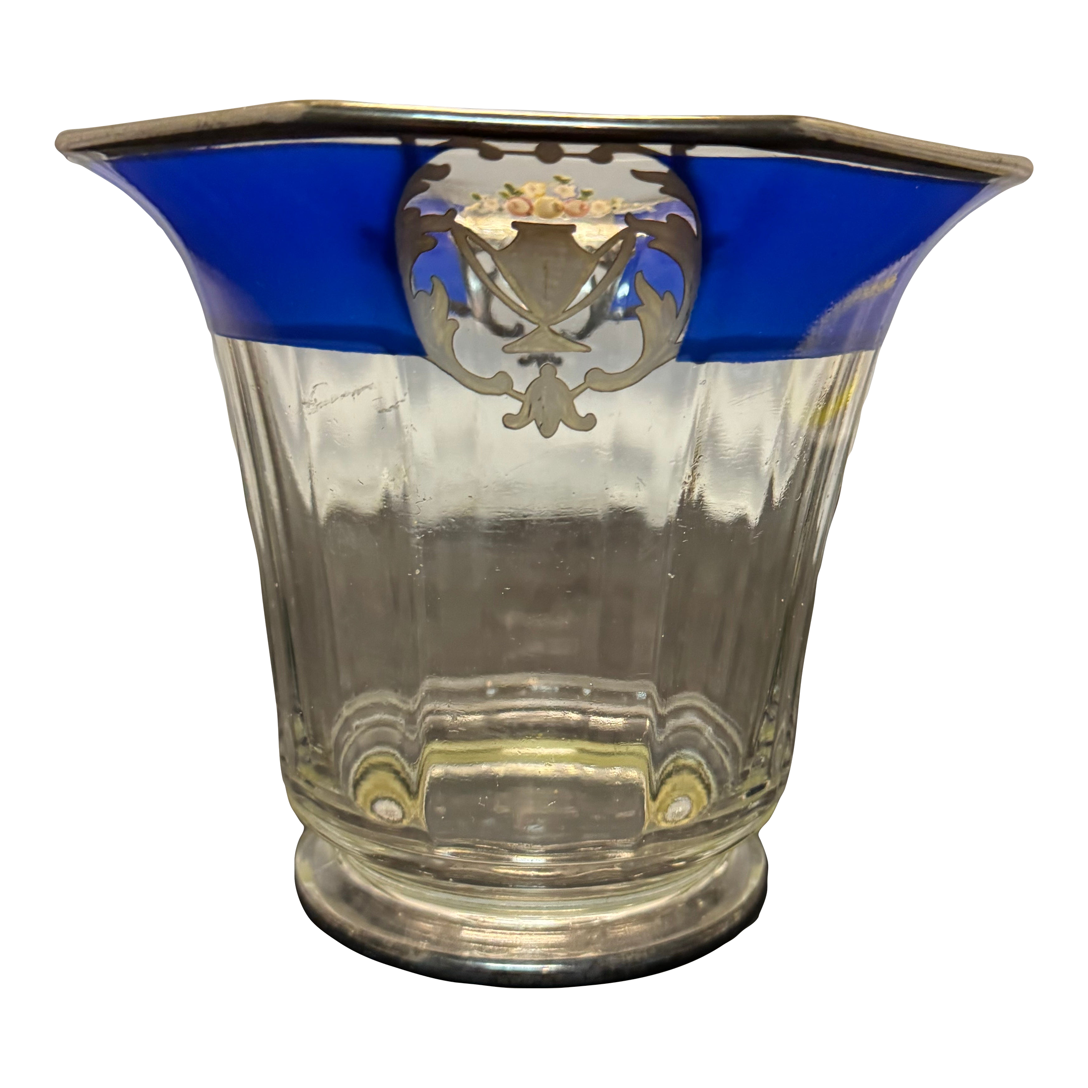 Vintage Westmoreland Glass Cobalt Blue & Silver Overlay Candy Dish Floral Urn